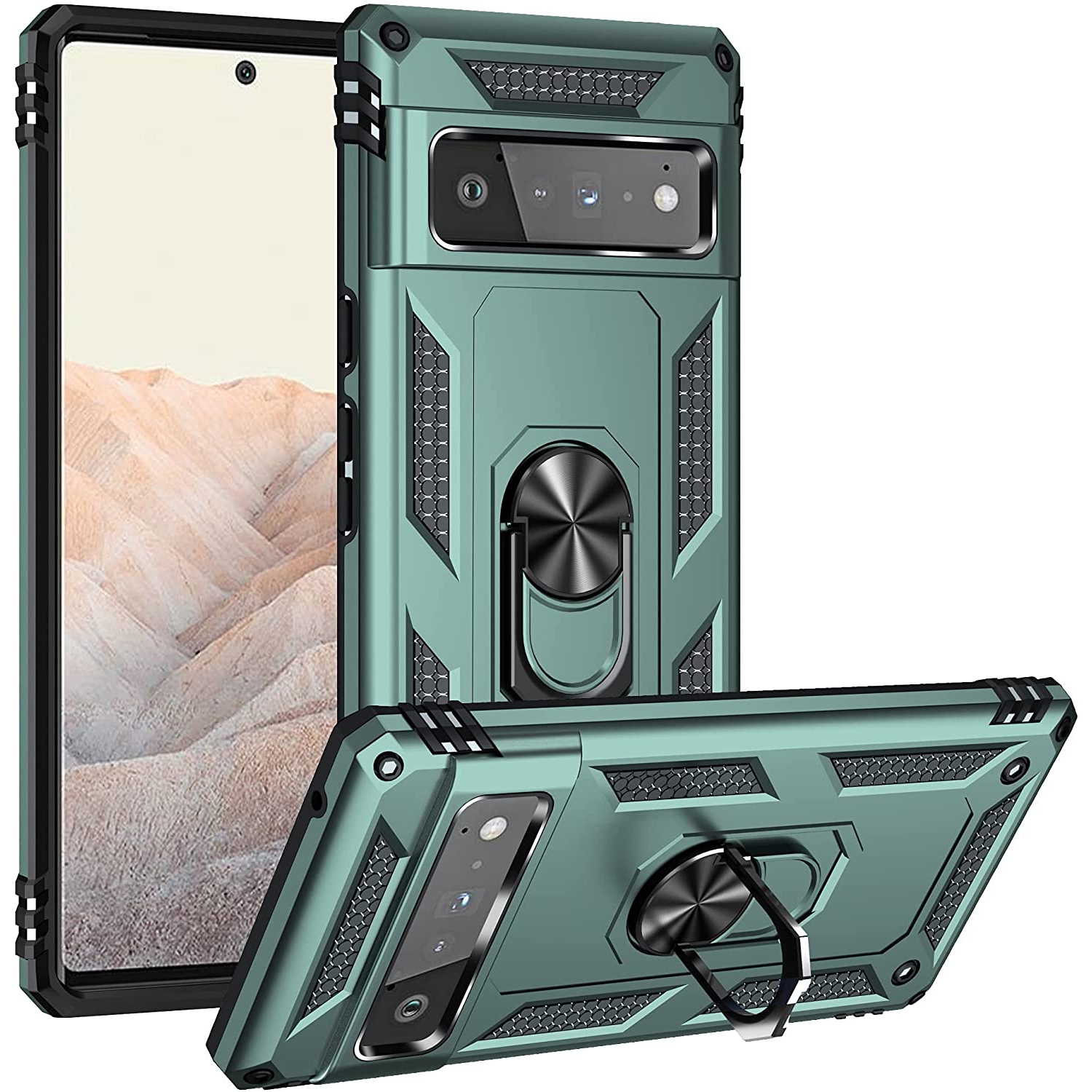 【CSmart】 Anti-Drop Hybrid Magnetic Hard Armor Case with Ring Holder for Google Pixel 7A 2023, Midnight Green