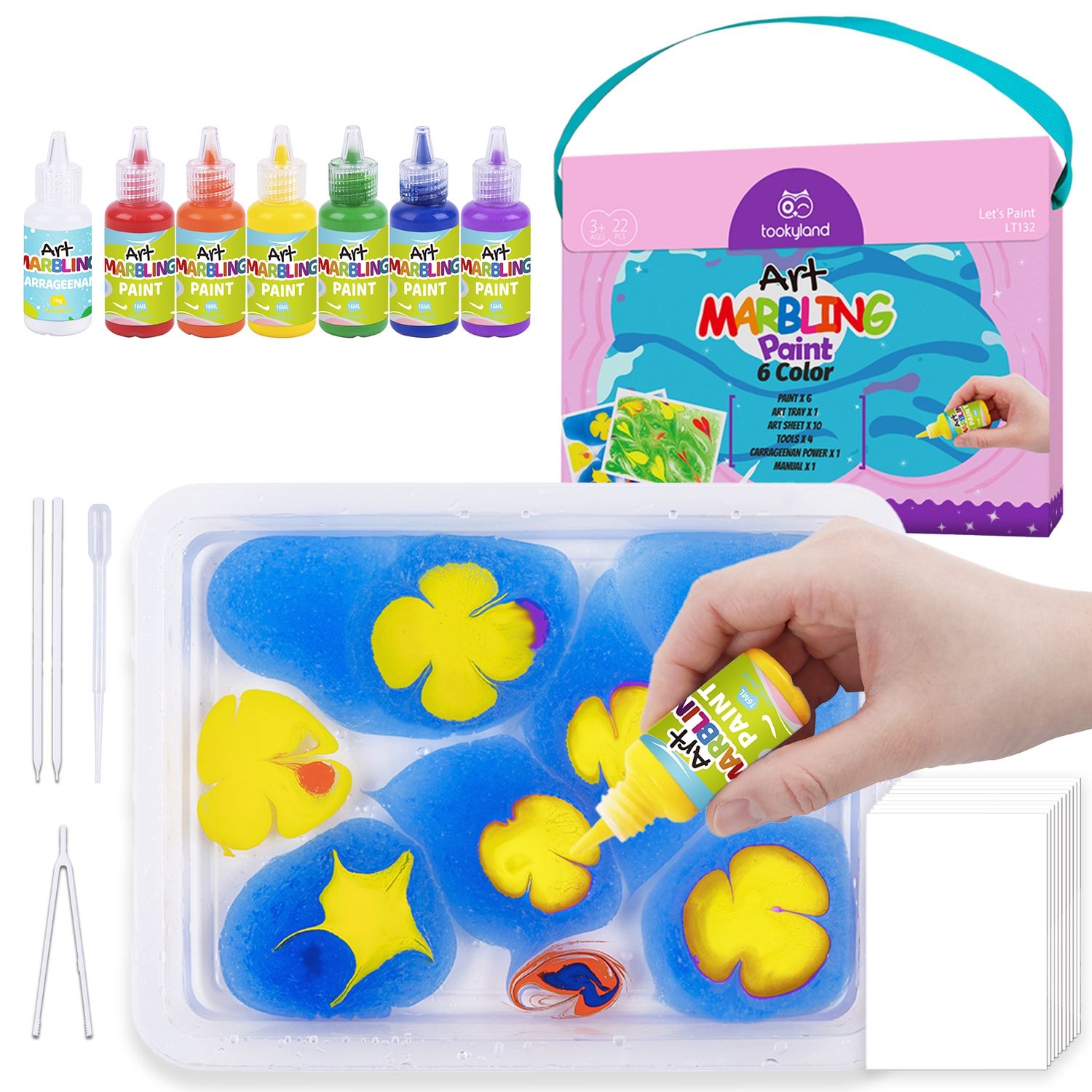 TOOKYLAND Marbling Paint Art Kit - 6-Colour Marble Painting Set for Water Marbling, Arts & Crafts Toys and Gift Ideas for Kids 3 Year Old +