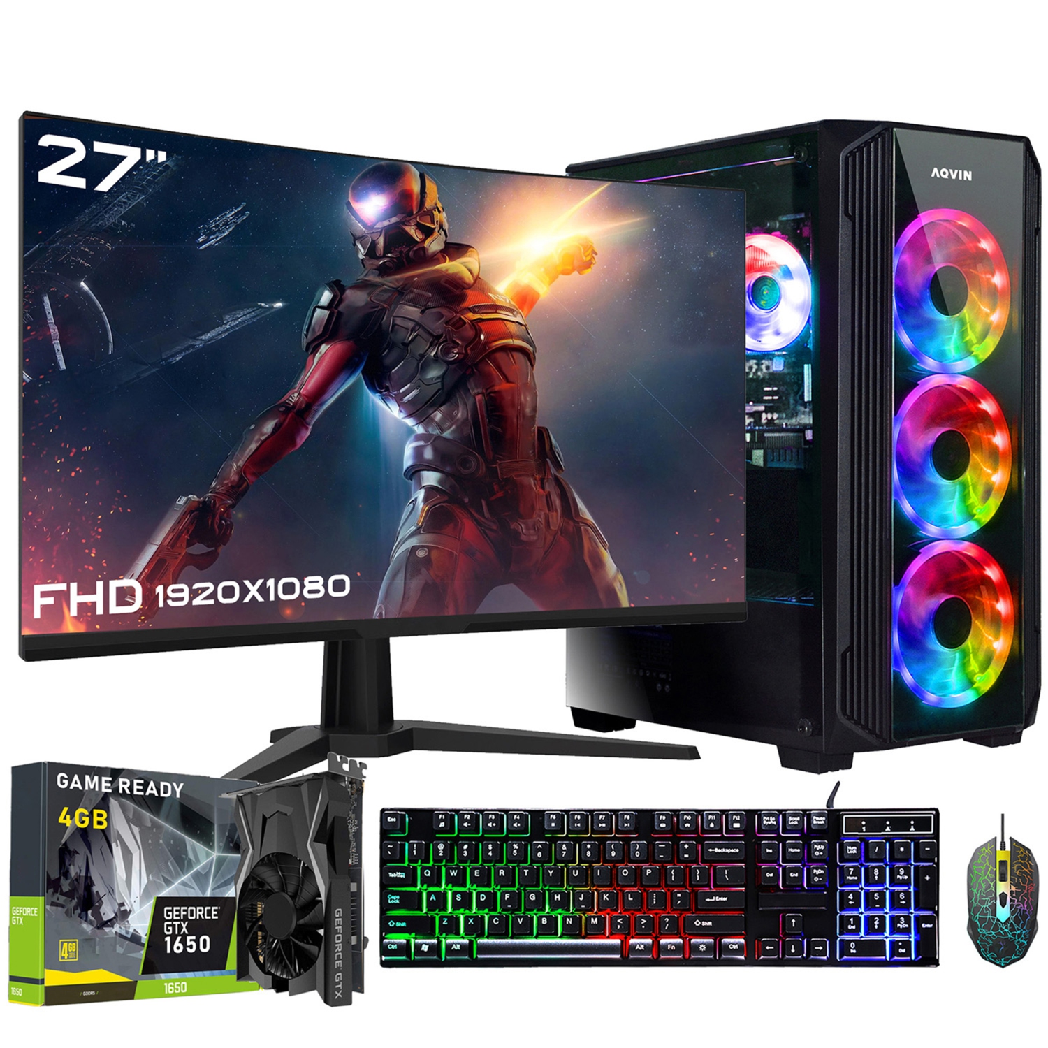 Gaming Desktop Tower PC AQVIN ~ Intel i7 ~ 32GB RAM DDR4 ~ 512GB SSD ~ GeForce GTX 1650 4GB DDR5 ~ New 27 inch Gaming Monitor ~ RGB Keyboard Mouse ~ Windows 10 Pro~ WiFi