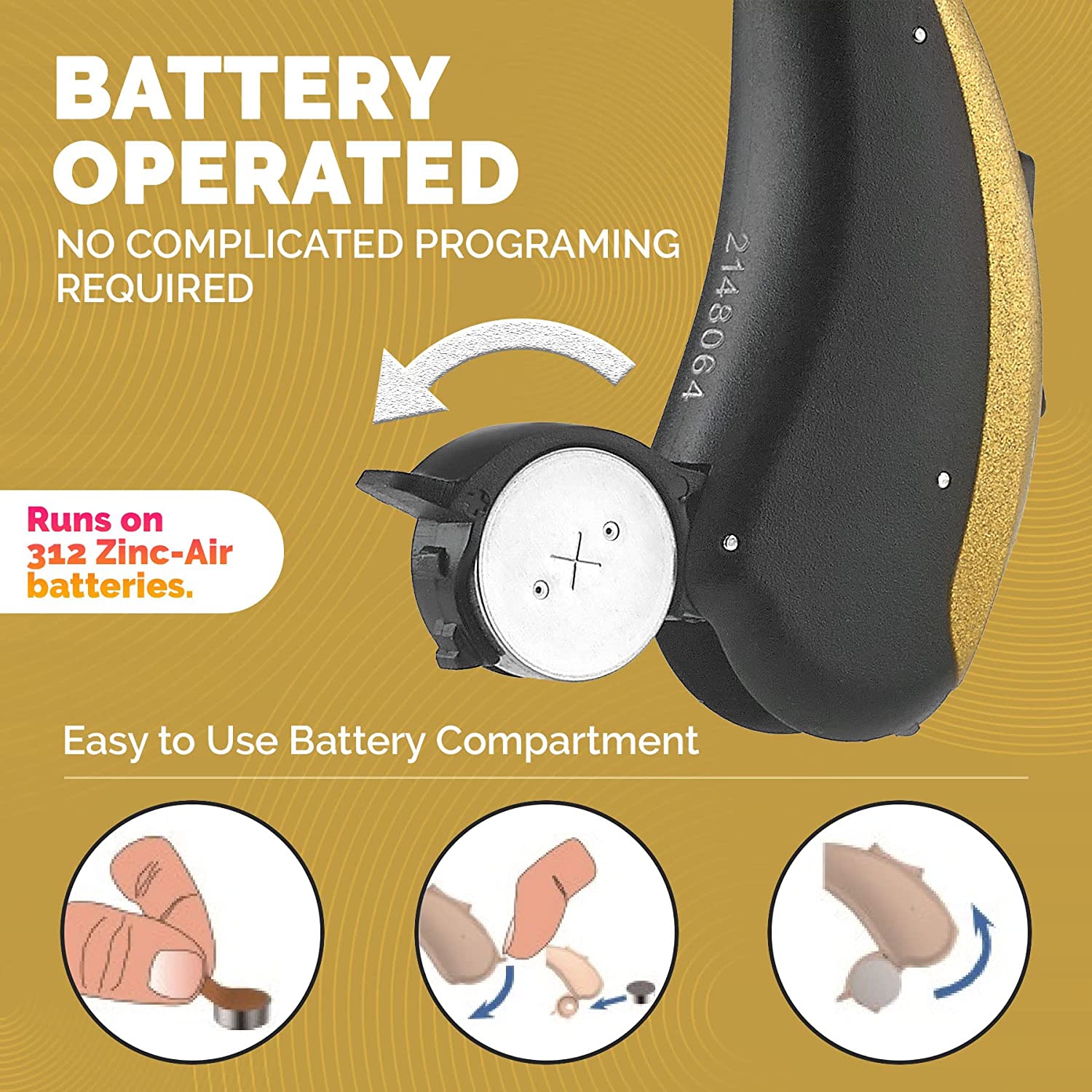 Mini BTE Slim Tube Digital Hearing Amplifier Left Ear - 2-Tone Battery Operated Personal Sound Device with 4 Programable Settings - Lightweight &