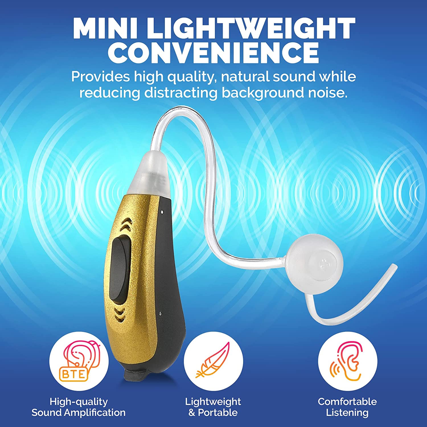 Mini BTE Slim Tube Digital Hearing Amplifier Left Ear - 2-Tone Battery Operated Personal Sound Device with 4 Programable Settings - Lightweight &