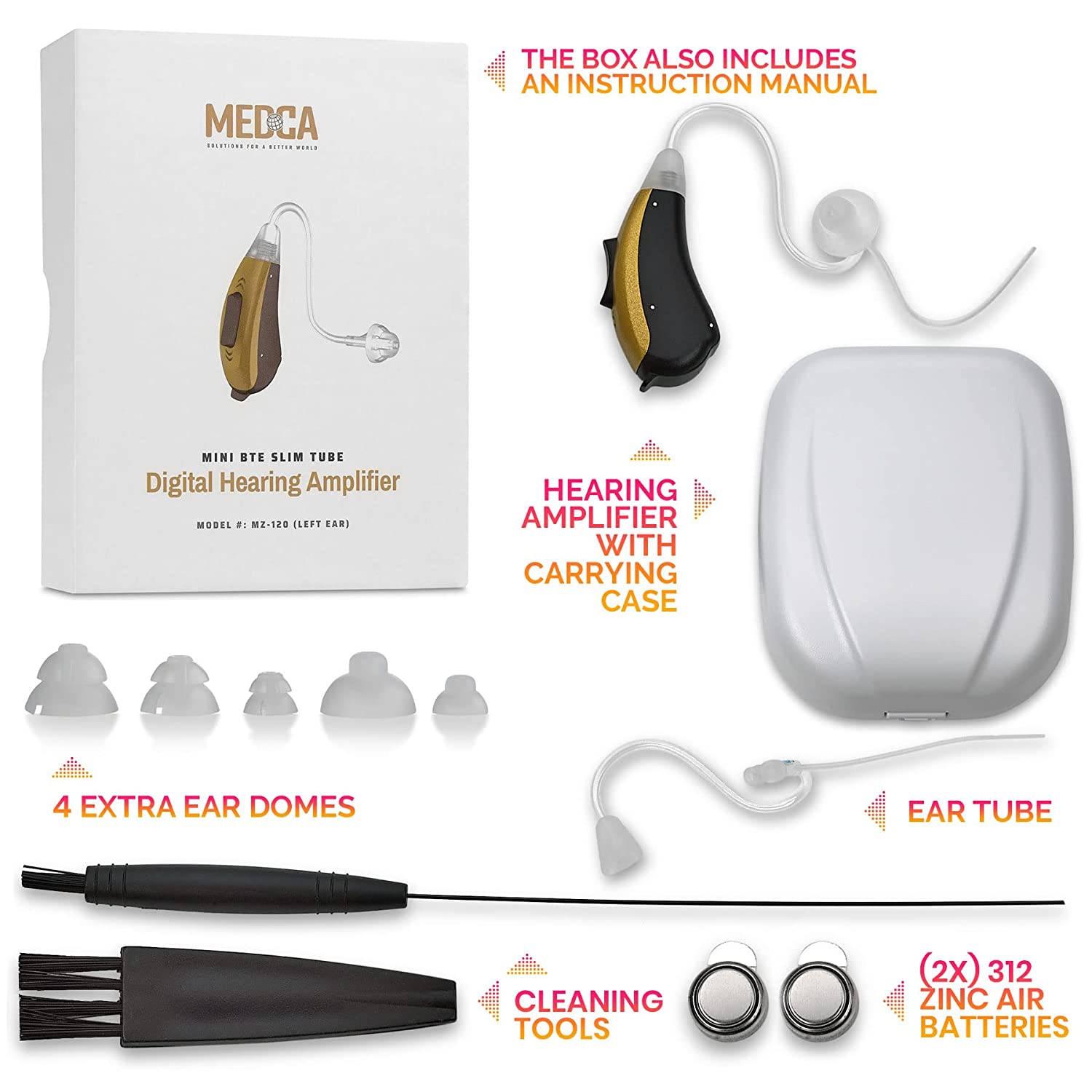 Mini BTE Slim Tube Digital Hearing Amplifier Left Ear - 2-Tone Battery Operated Personal Sound Device with 4 Programable Settings - Lightweight &