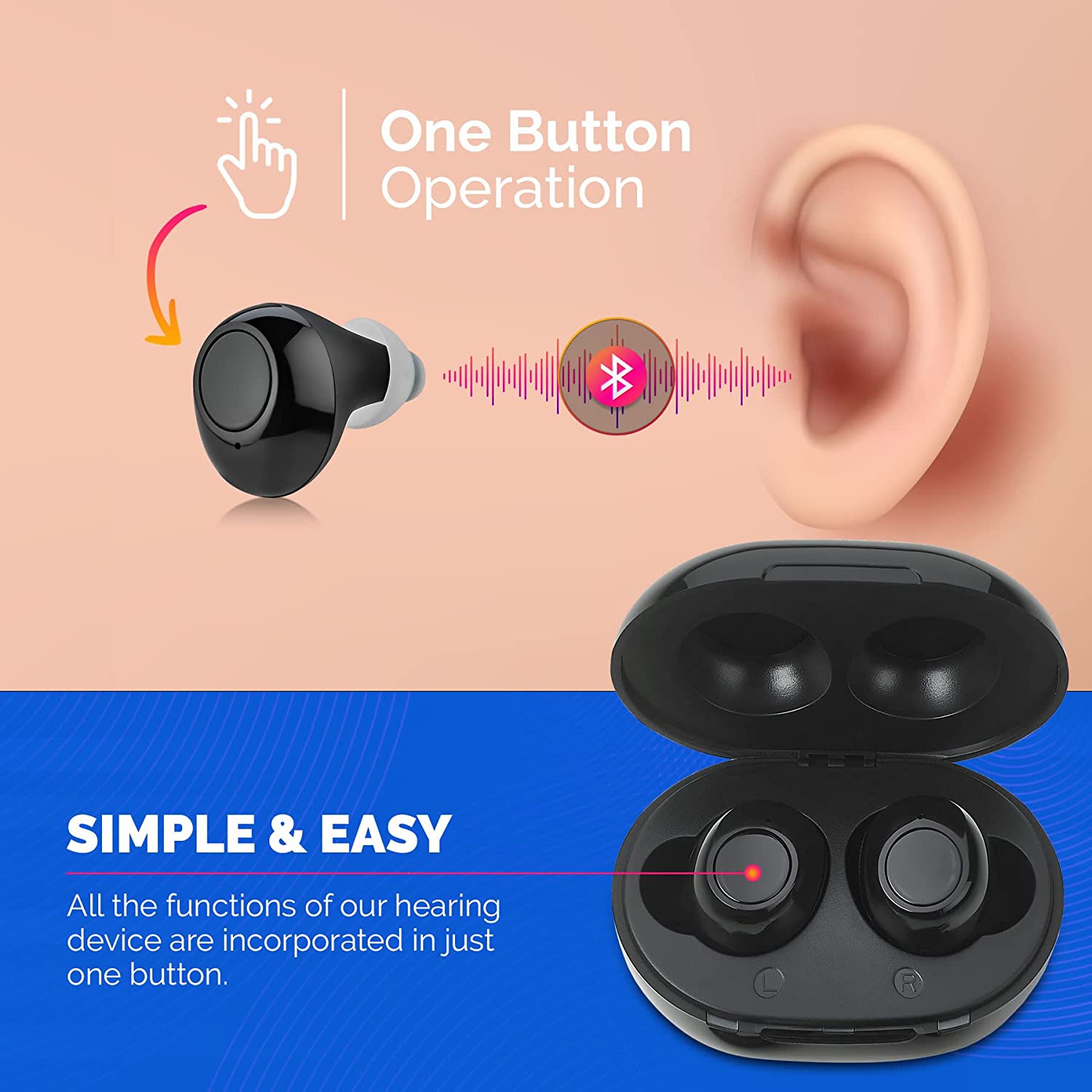 Digital Hearing Amplifier - Next Generation in The Ear Personal Sound Device w/Noise Reduction Rechargeable ITE 2 Piece Set Portable Charging Case
