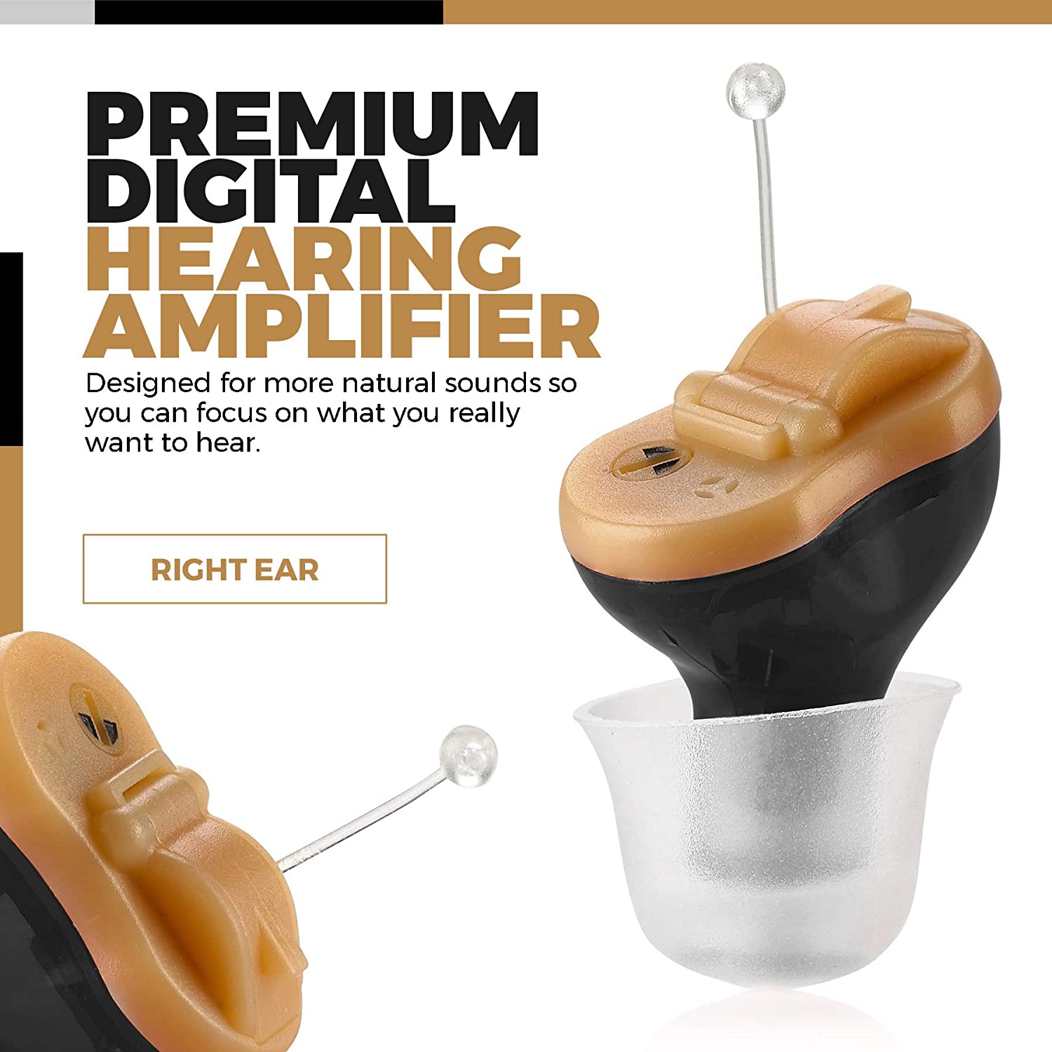 Premium Digital Hearing Amplifier - Right Ear Invisible in Canal in-Ear Mini Sound Enhancer Set, Near-Invisible, Noise Cancelling, Personal Sound