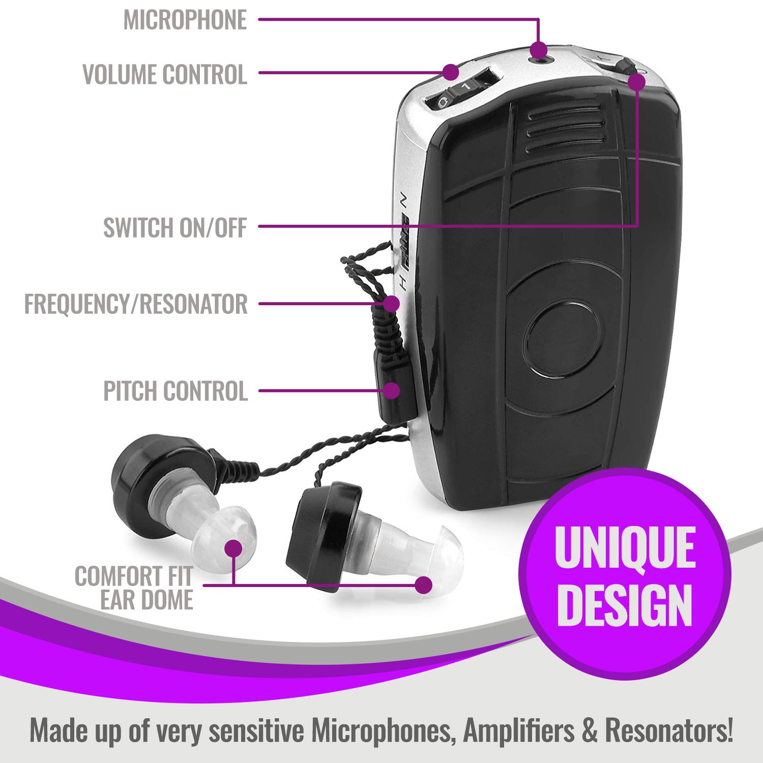 Amplificateur sonore numérique personnel MEDCA avec casque d'écoute simple et double pour adulte - Noir