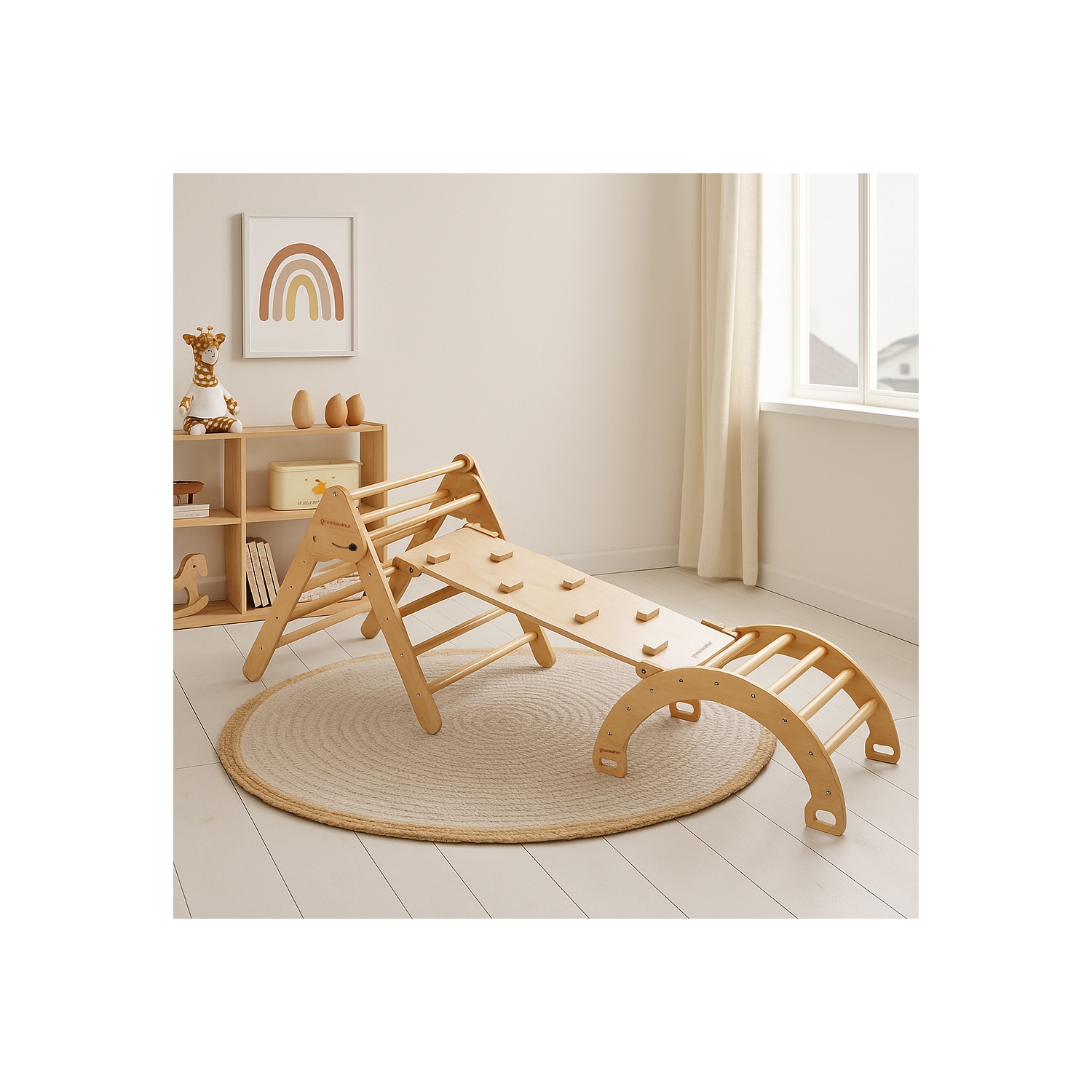 Greenwalnut Wooden Pikler Triangle With Rocker & Slide + Ramp | Wooden Climbing Gym Set