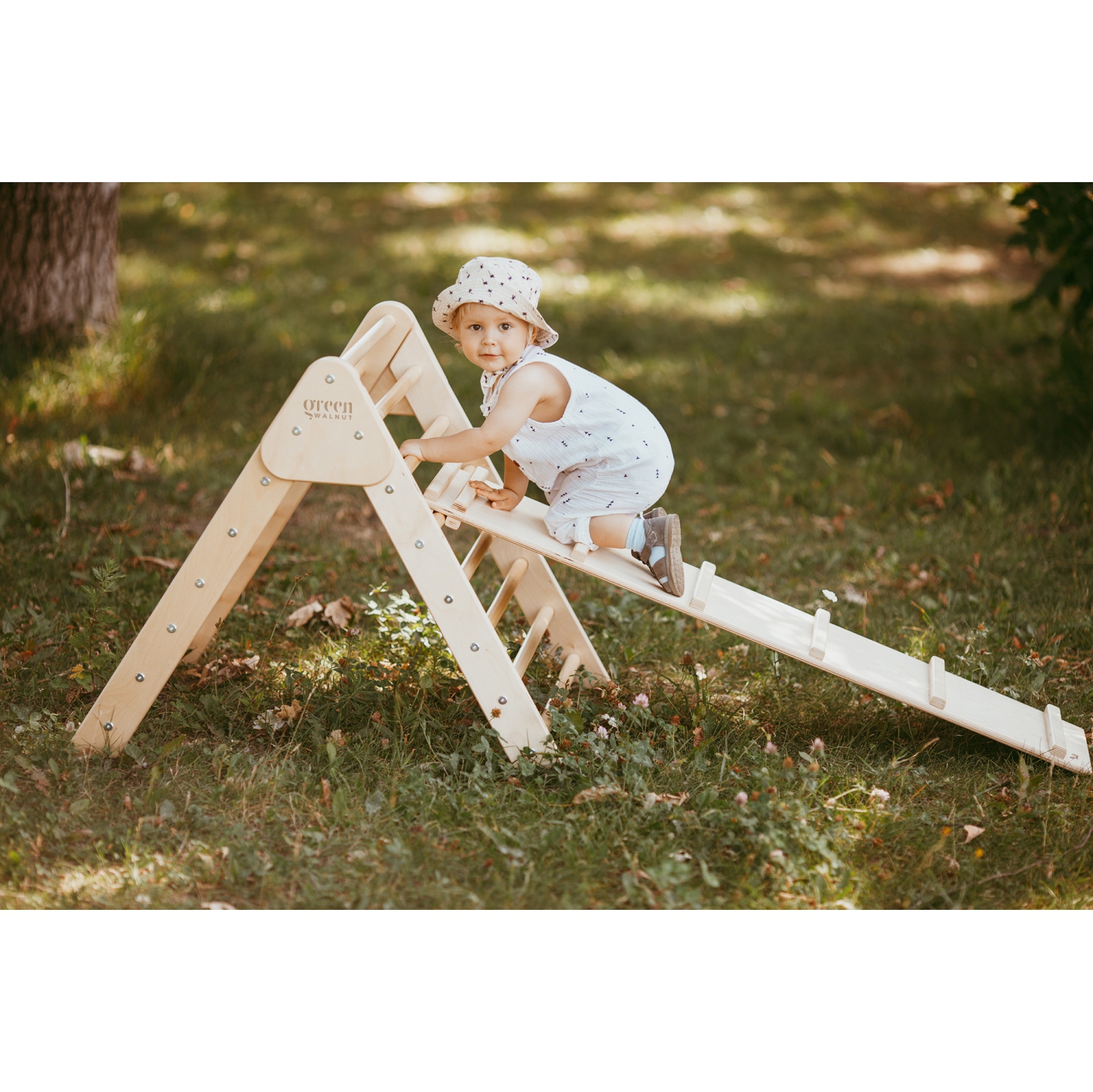 Greenwalnut Wooden Pikler Triangle With Rocker & Slide + Ramp | Wooden Climbing Gym Set