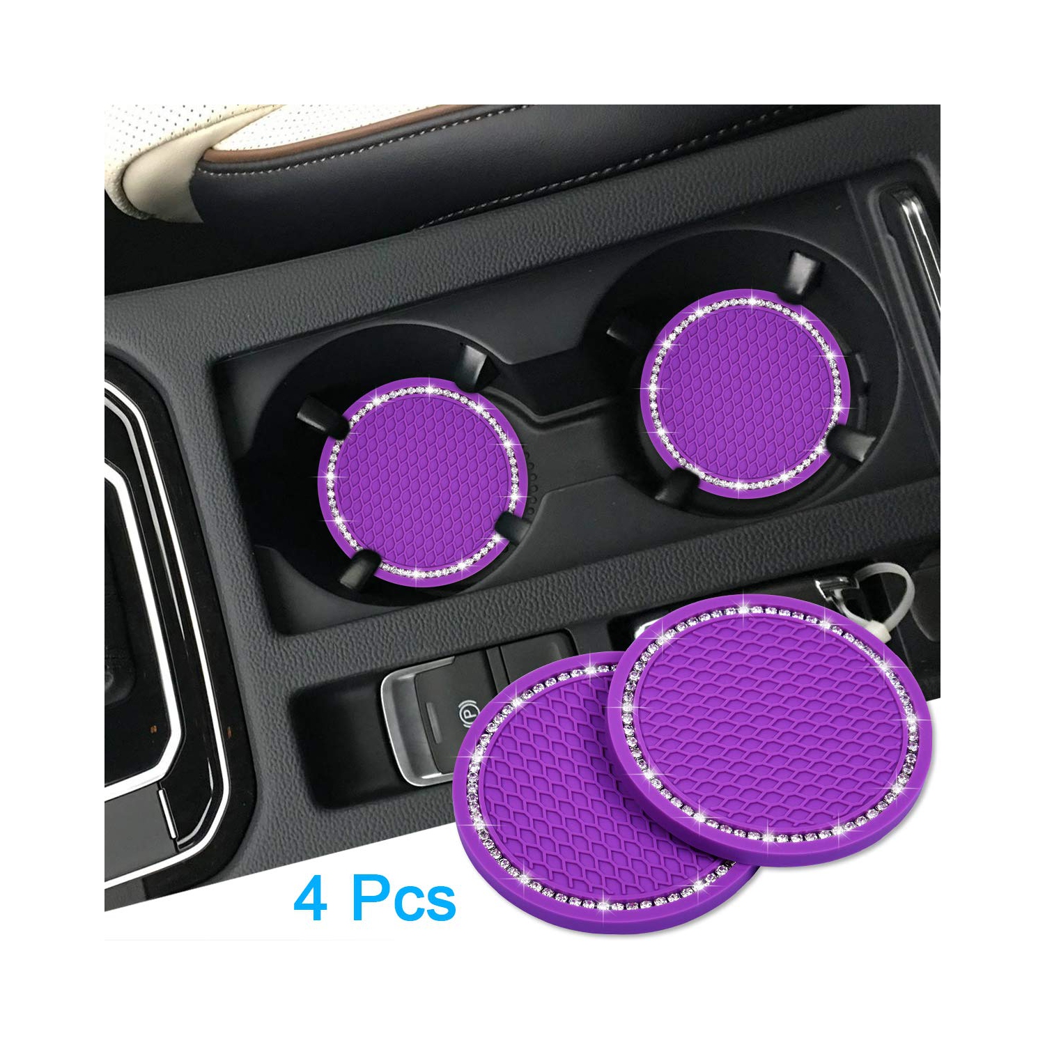 Bling Car Coasters, 4 Pack PVC Car Cup Holder Insert Coaster - Anti Slip Universal Vehicle&nbsp;Interior Accessories Crystal Glitter Cup Mats for