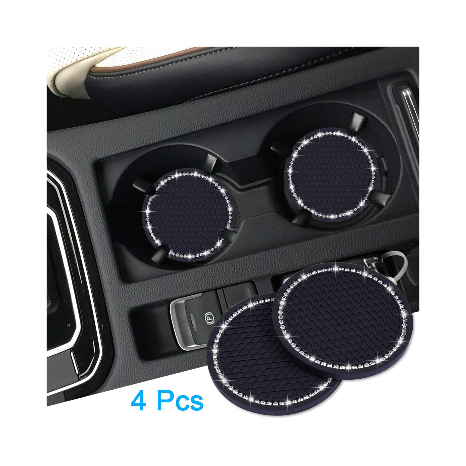 Bling Car Coasters, 4 Pack PVC Car Cup Holder Insert Coaster - Anti Slip Universal Vehicle&nbsp;Interior Accessories Crystal Glitter Cup Mats for