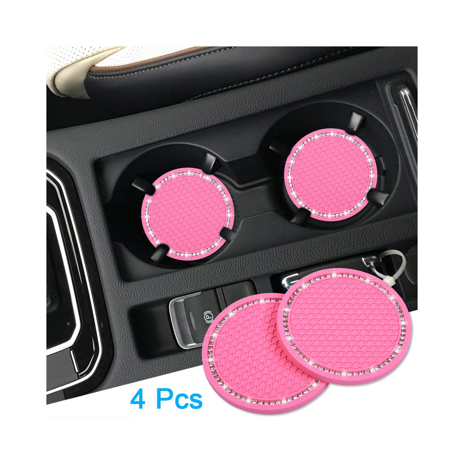 Bling Car Coasters, 4 Pack PVC Car Cup Holder Insert Coaster - Anti Slip Universal Vehicle&nbsp;Interior Accessories Crystal Glitter Cup Mats for