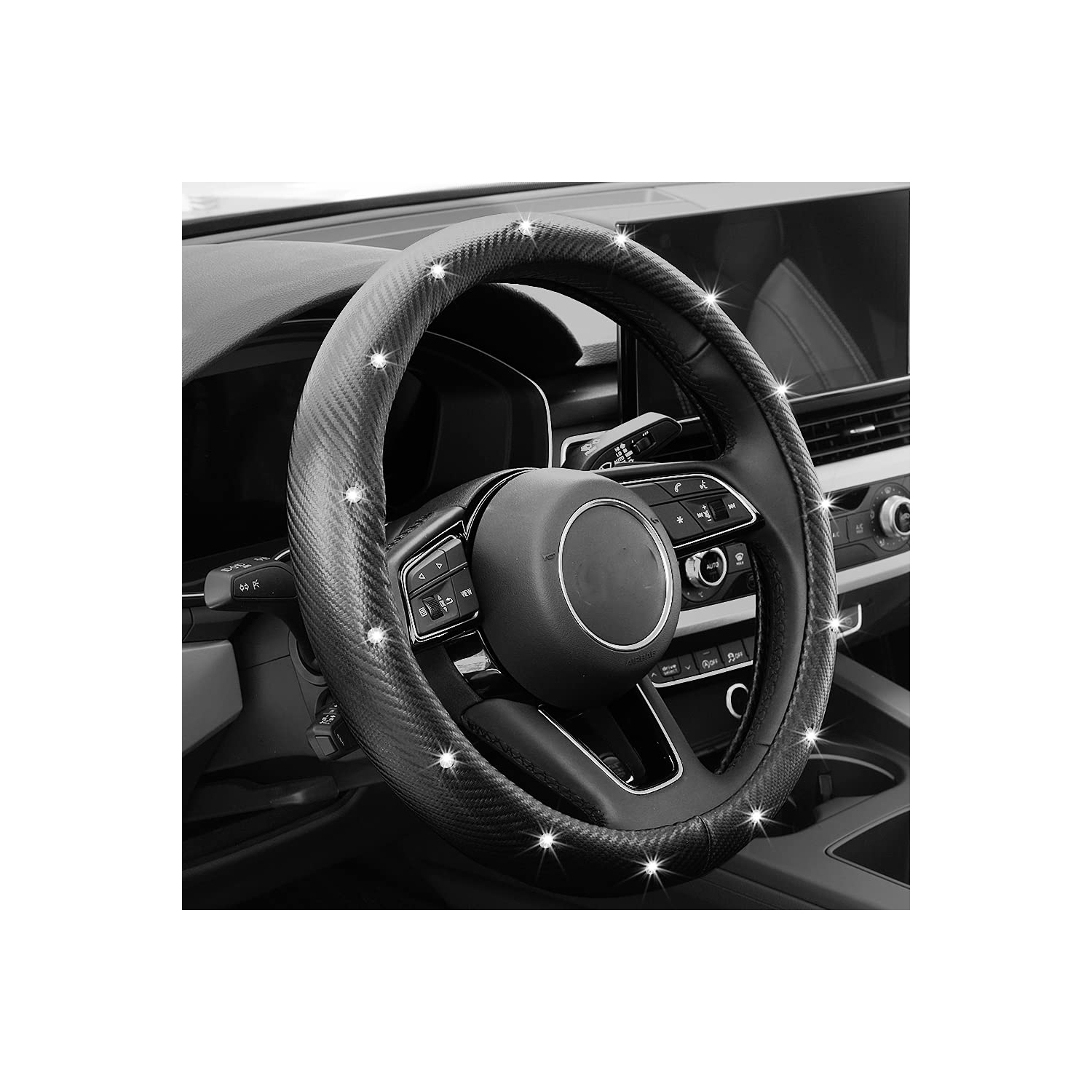 Diamond Soft Microfiber Leather Anti-Slip Steering Wheel Cover with Bling Bling Crystal Rhinestones, Universal 15 Inch for Women Girls, Fit Vehicles,