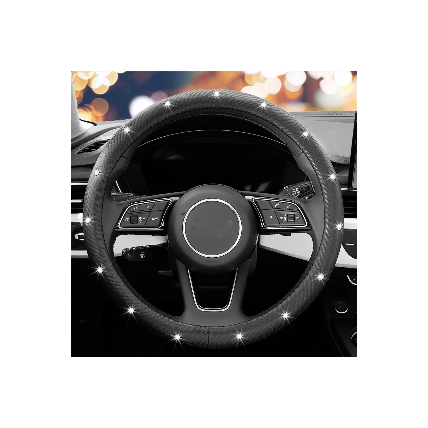 Diamond Soft Microfiber Leather Anti-Slip Steering Wheel Cover with Bling Bling Crystal Rhinestones, Universal 15 Inch for Women Girls, Fit Vehicles,