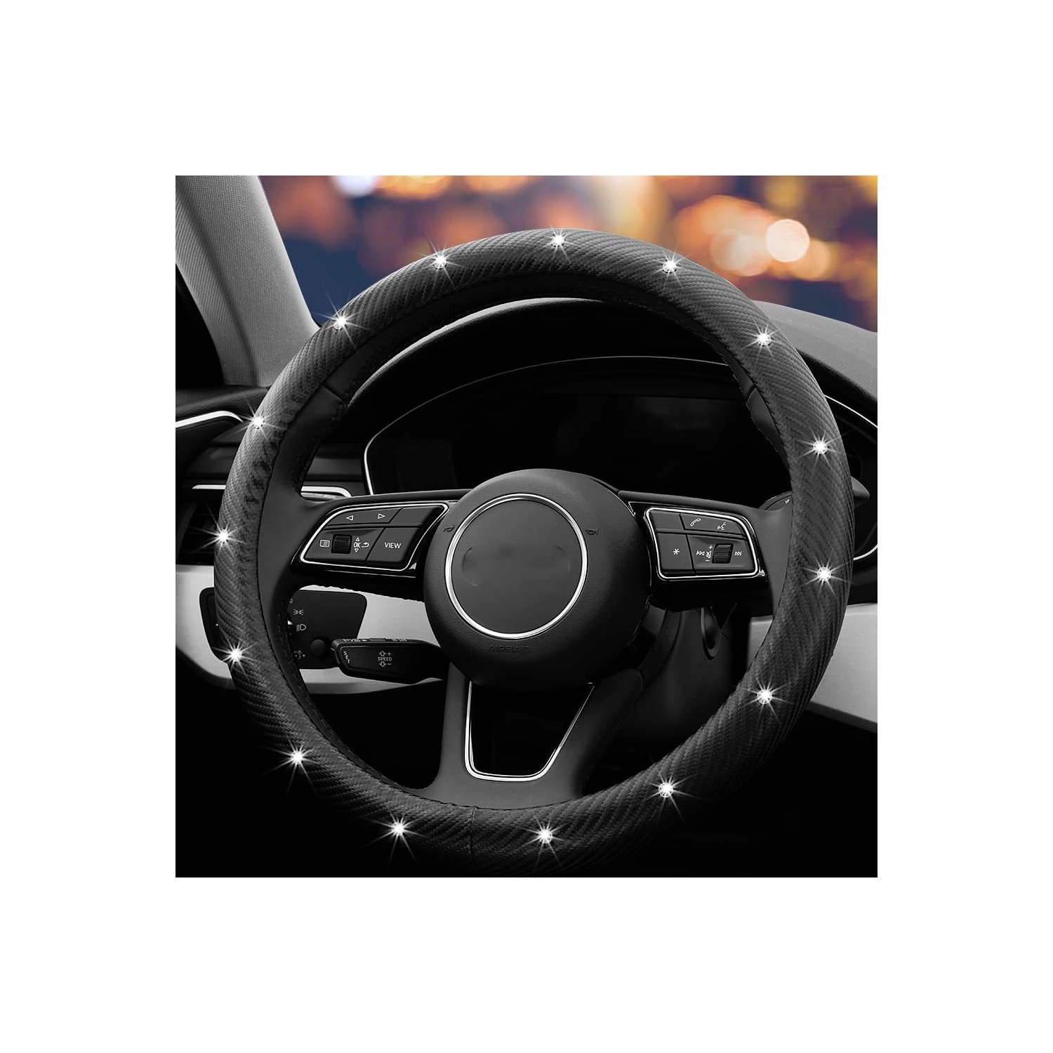 Diamond Soft Microfiber Leather Anti-Slip Steering Wheel Cover with Bling Bling Crystal Rhinestones, Universal 15 Inch for Women Girls, Fit Vehicles,