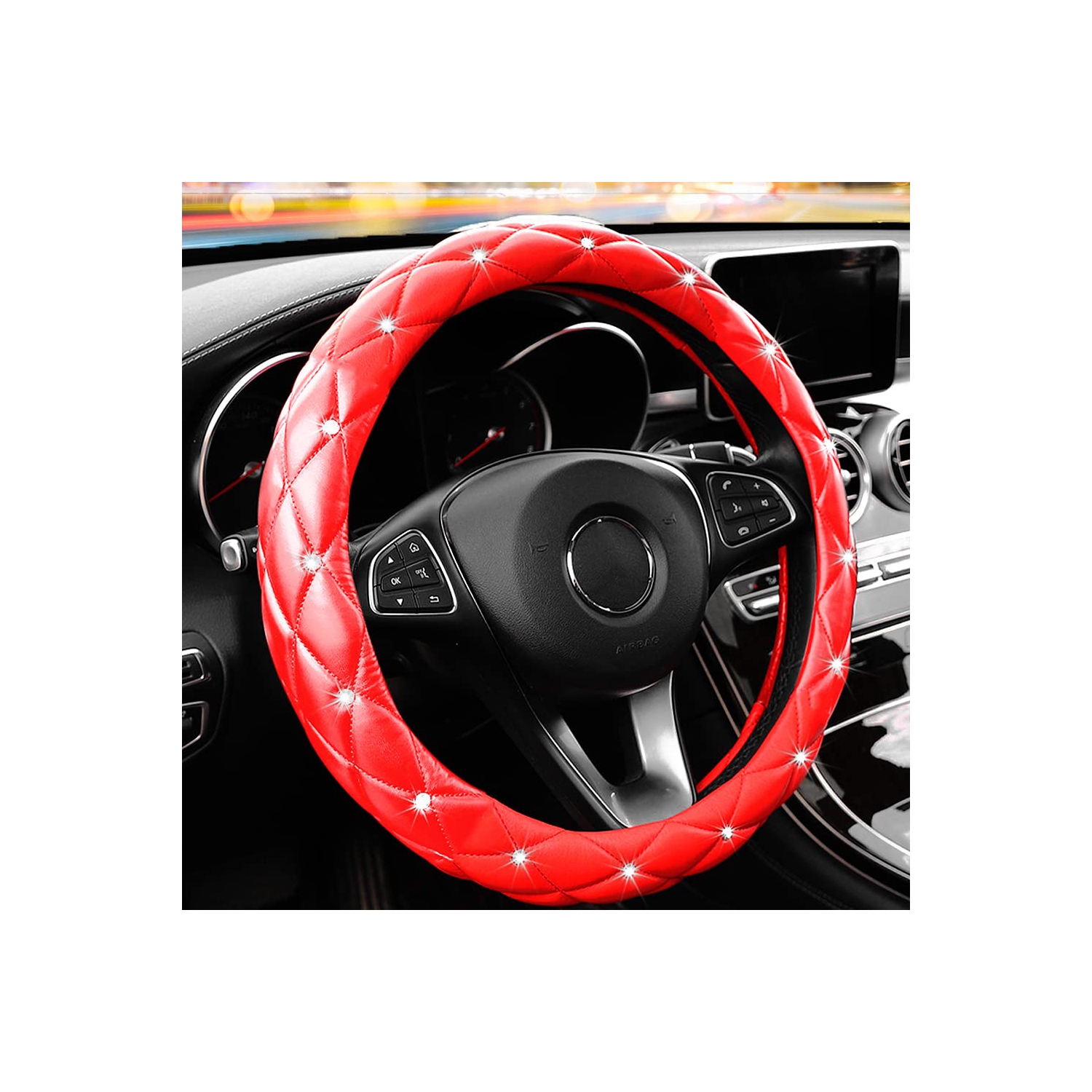 Cute Diamond Soft Leather Anti-Slip Steering Wheel Cover with Bling Bling Crystal Rhinestones, Universal 15 Inch for Women Girls, Fit Vehicles,