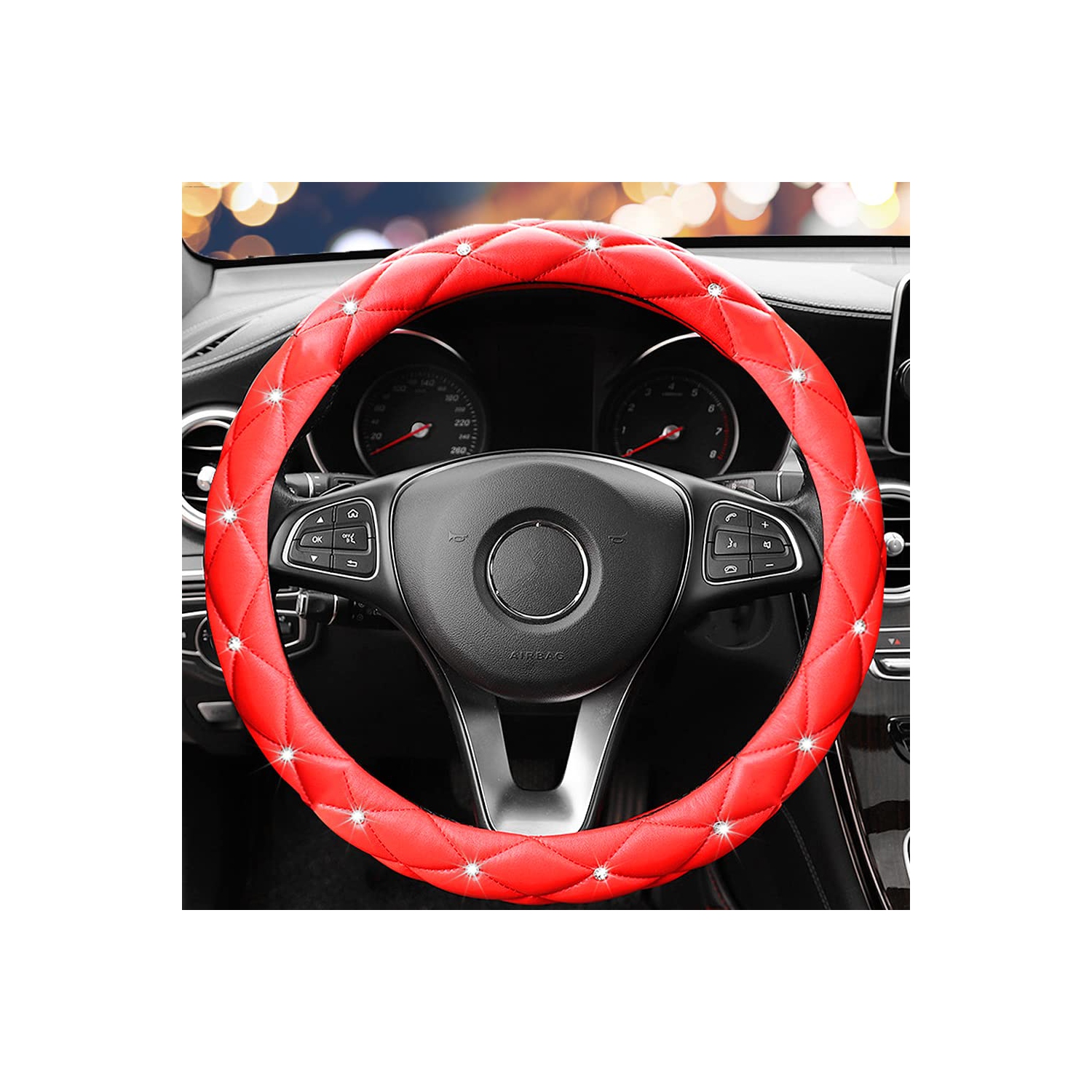 Cute Diamond Soft Leather Anti-Slip Steering Wheel Cover with Bling Bling Crystal Rhinestones, Universal 15 Inch for Women Girls, Fit Vehicles,
