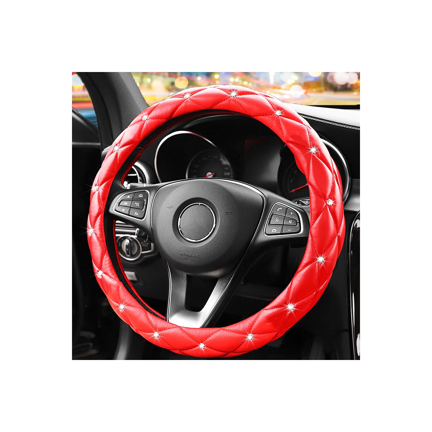 Cute Diamond Soft Leather Anti-Slip Steering Wheel Cover with Bling Bling Crystal Rhinestones, Universal 15 Inch for Women Girls, Fit Vehicles,