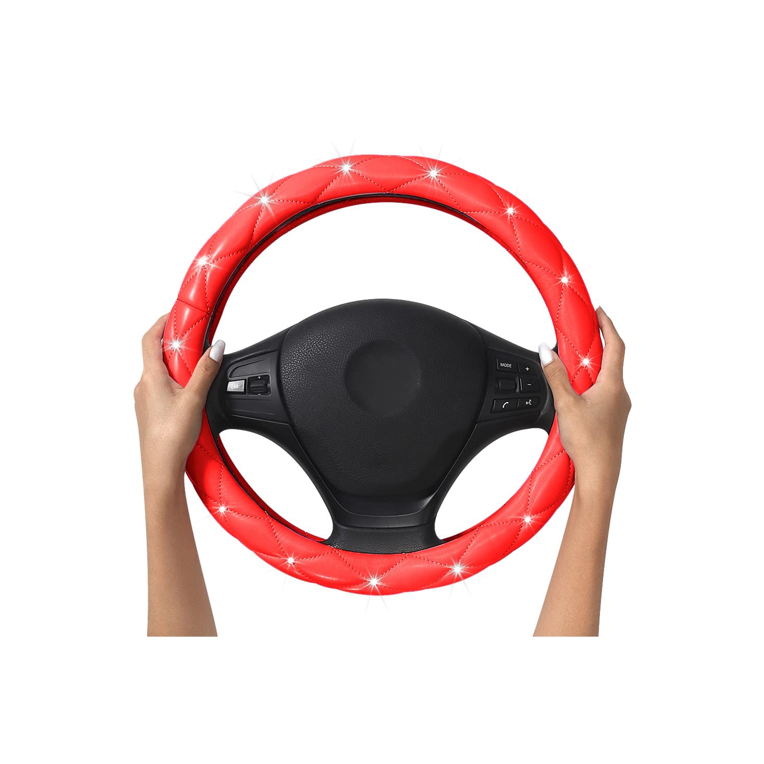 Cute Diamond Soft Leather Anti-Slip Steering Wheel Cover with Bling Bling Crystal Rhinestones, Universal 15 Inch for Women Girls, Fit Vehicles,