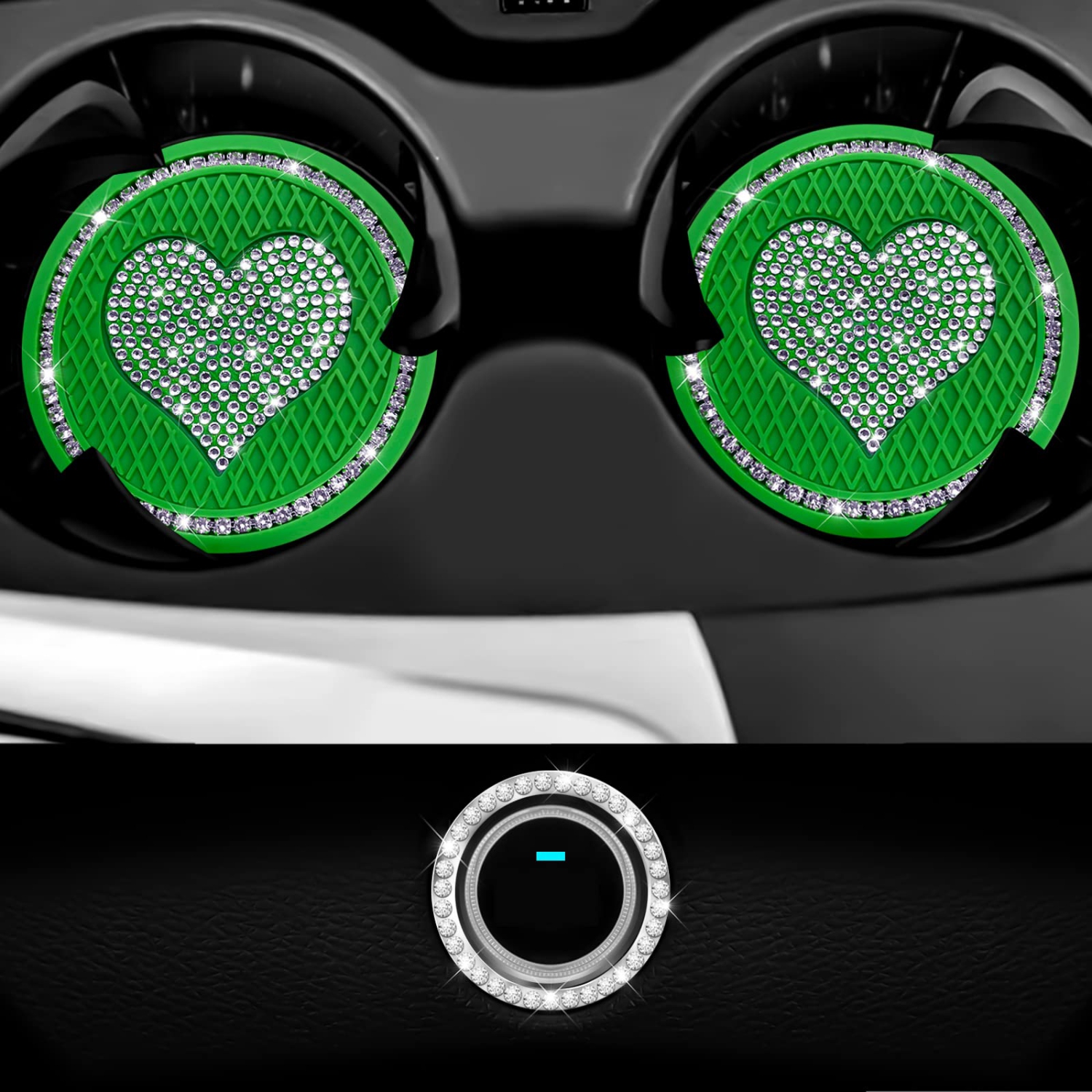 Car Cup Holder Coaster,4PCS Universal Heart Bling White Crystal Rhinestone Car Coasters & 2PCS Push to Start Button Ring,Car Accessories for Women