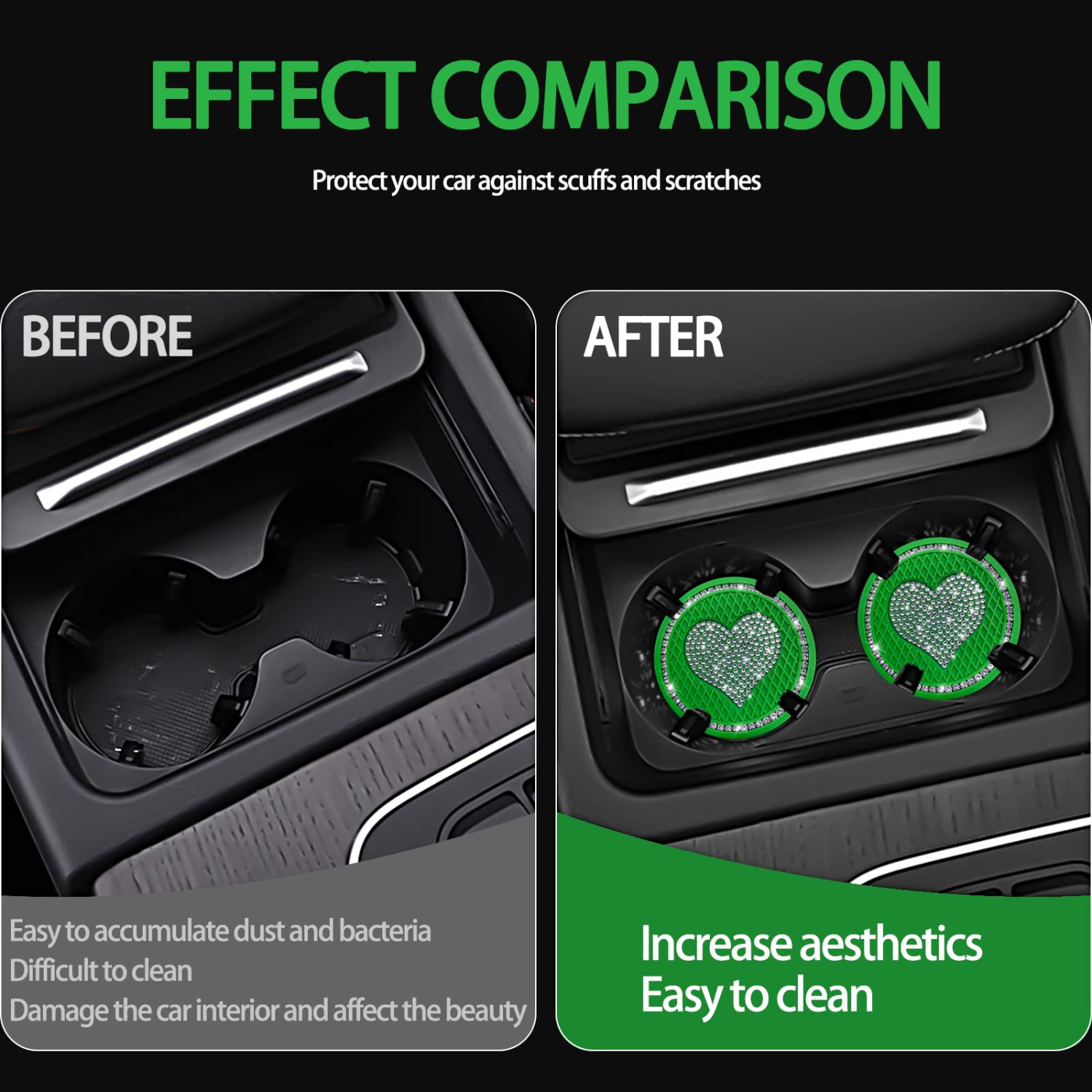 Car Cup Holder Coaster,4PCS Universal Heart Bling White Crystal Rhinestone Car Coasters & 2PCS Push to Start Button Ring,Car Accessories for Women