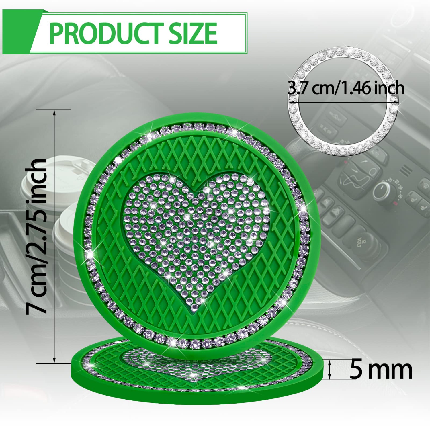 Car Cup Holder Coaster,4PCS Universal Heart Bling White Crystal Rhinestone Car Coasters & 2PCS Push to Start Button Ring,Car Accessories for Women