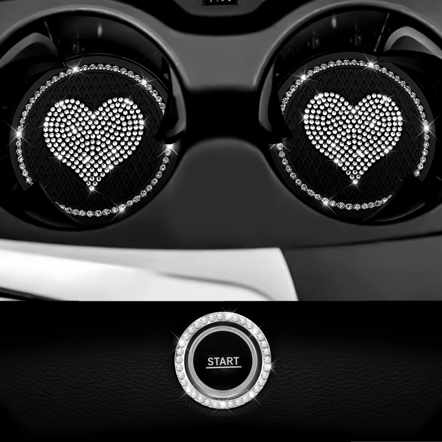 Car Cup Holder Coaster,2PCS Universal Heart Bling White Crystal Rhinestone Car Coasters & Push to Start Button Ring,Car Accessories for Women Car