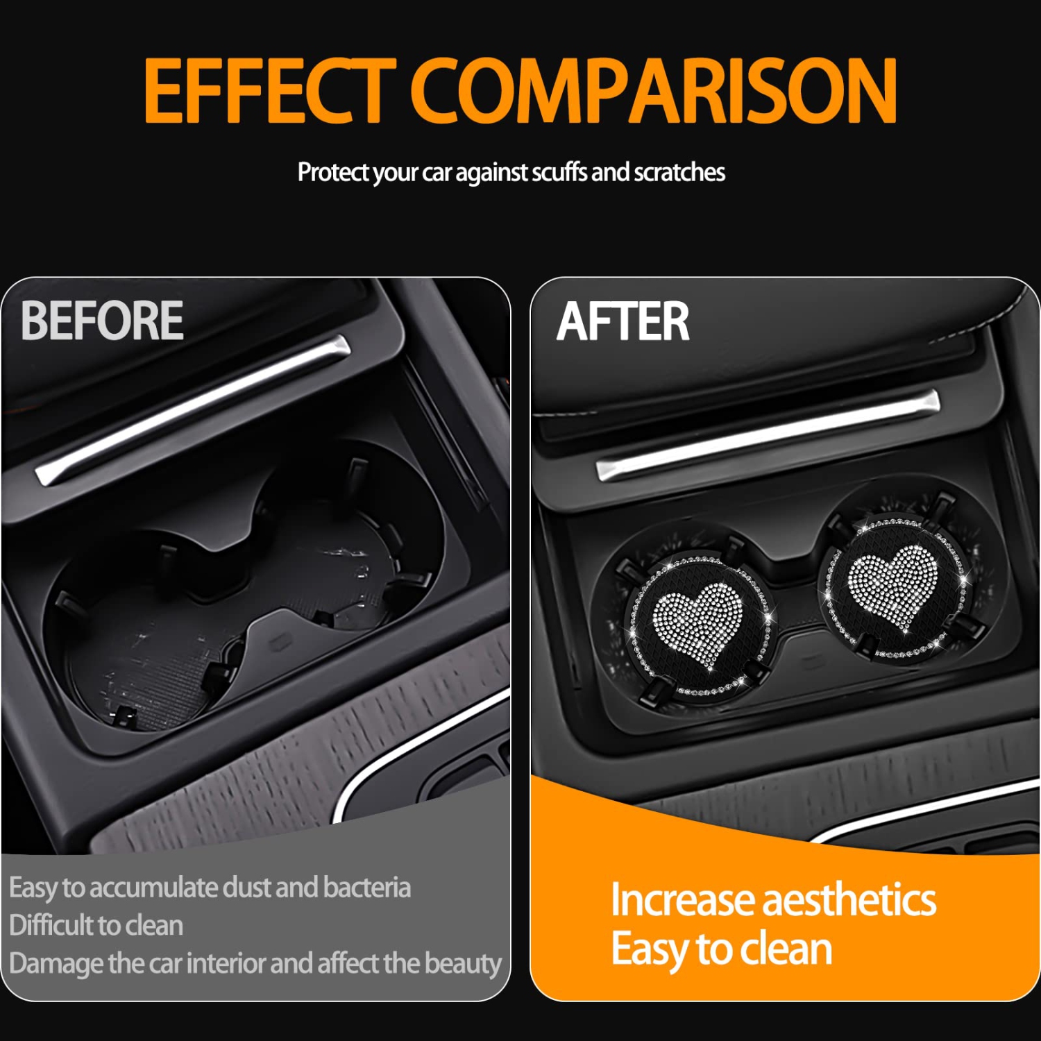 Car Cup Holder Coaster,2PCS Universal Heart Bling White Crystal Rhinestone Car Coasters & Push to Start Button Ring,Car Accessories for Women Car