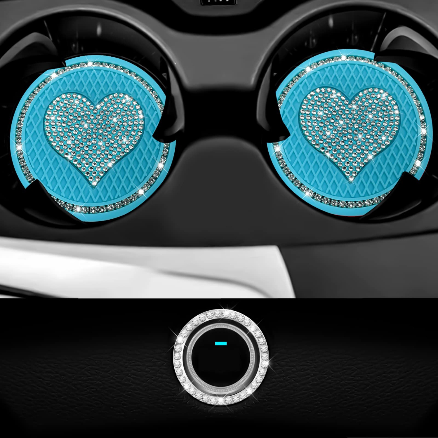 Car Cup Holder Coaster,2PCS Universal Heart Bling White Crystal Rhinestone Car Coasters & Push to Start Button Ring,Car Accessories for Women Car