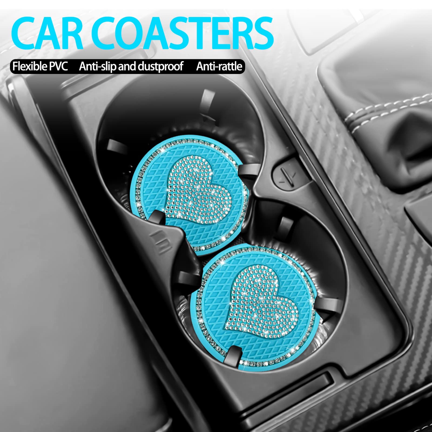 Car Cup Holder Coaster,2PCS Universal Heart Bling White Crystal Rhinestone Car Coasters & Push to Start Button Ring,Car Accessories for Women Car