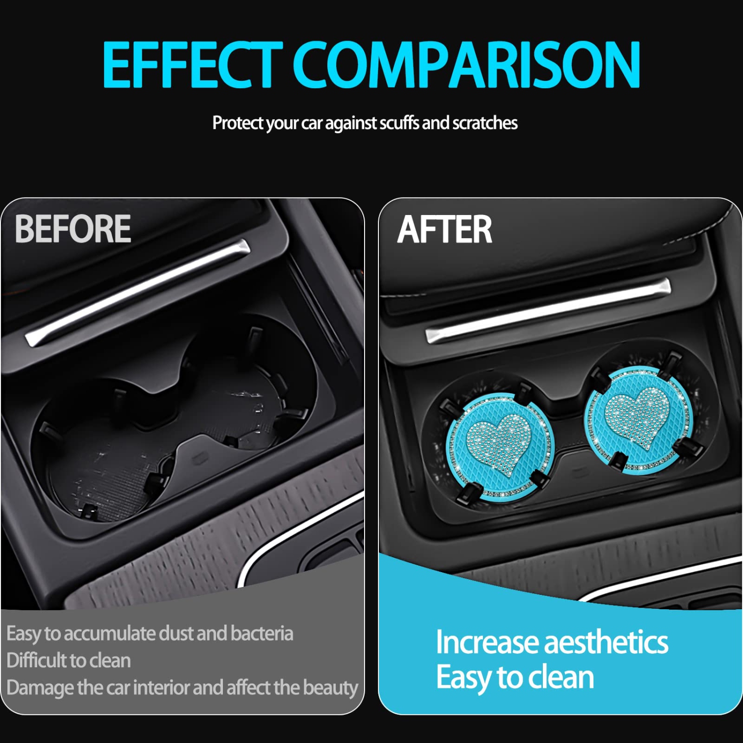 Car Cup Holder Coaster,2PCS Universal Heart Bling White Crystal Rhinestone Car Coasters & Push to Start Button Ring,Car Accessories for Women Car