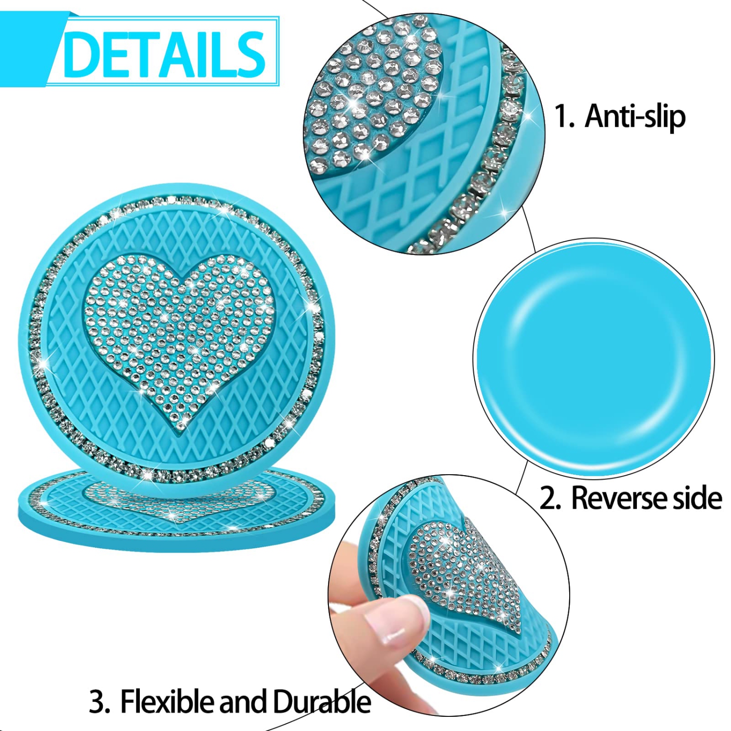 Car Cup Holder Coaster,2PCS Universal Heart Bling White Crystal Rhinestone Car Coasters & Push to Start Button Ring,Car Accessories for Women Car