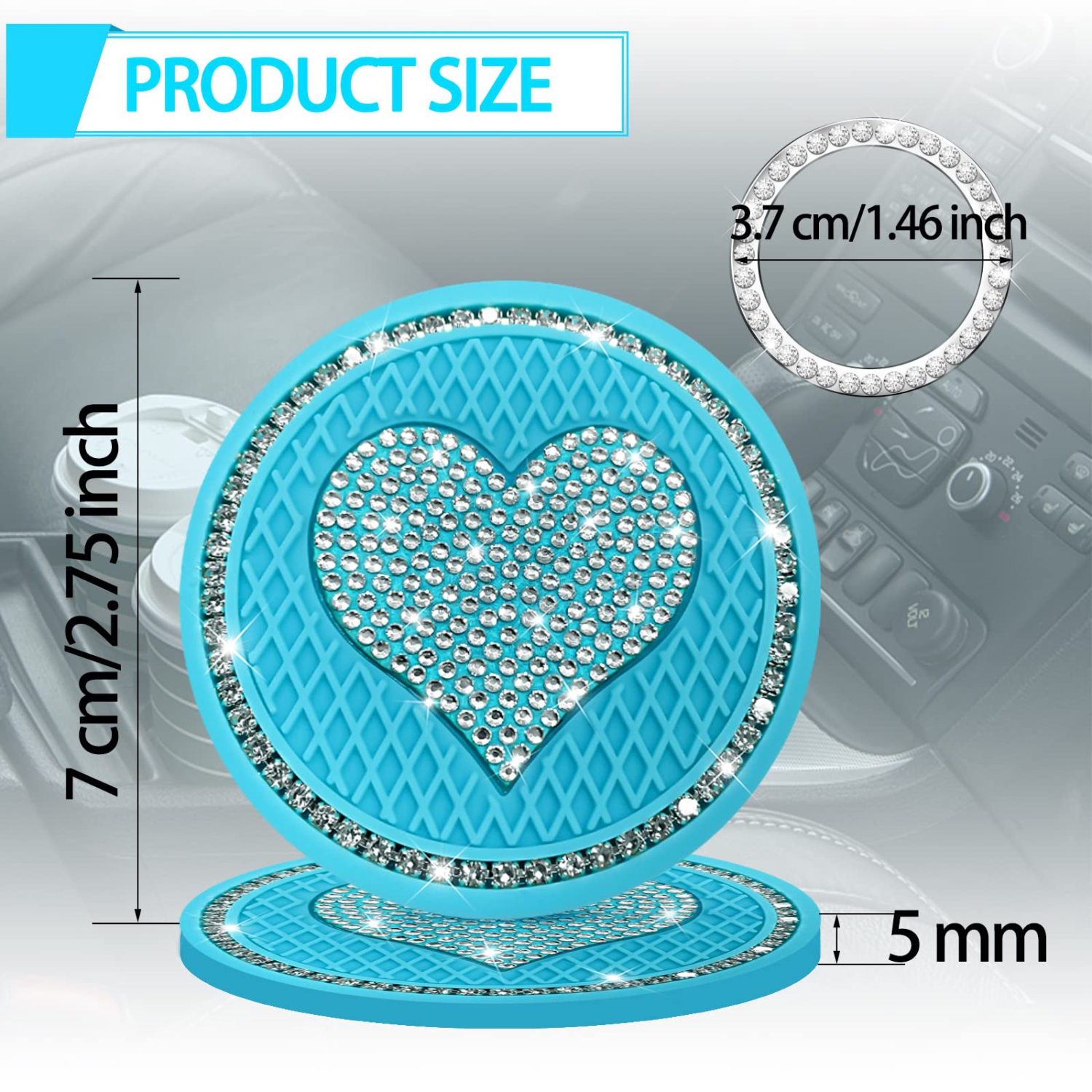 Car Cup Holder Coaster,2PCS Universal Heart Bling White Crystal Rhinestone Car Coasters & Push to Start Button Ring,Car Accessories for Women Car