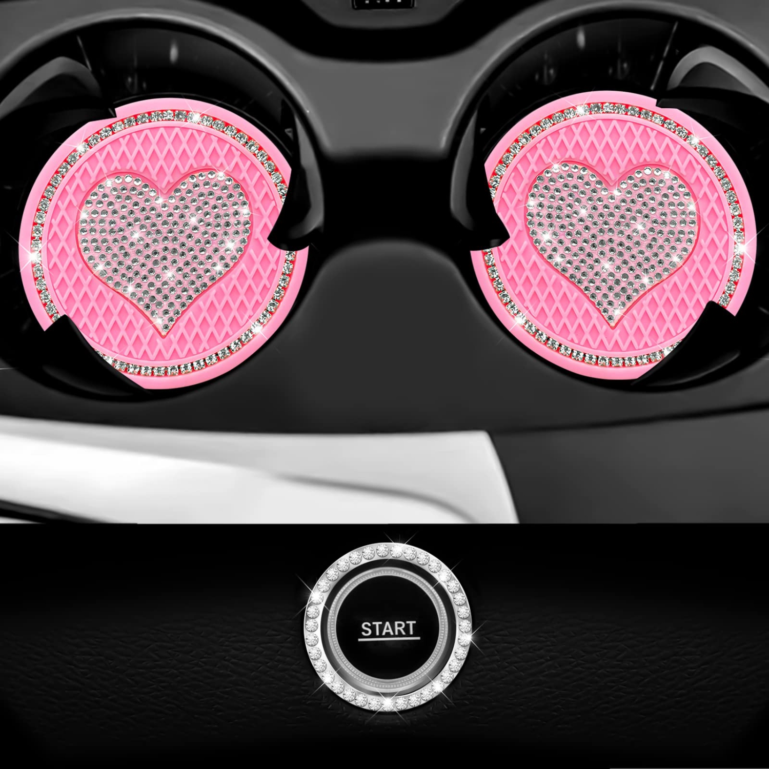 Car Cup Holder Coaster,2PCS Universal Heart Bling White Crystal Rhinestone Car Coasters & Push to Start Button Ring,Car Accessories for Women Car