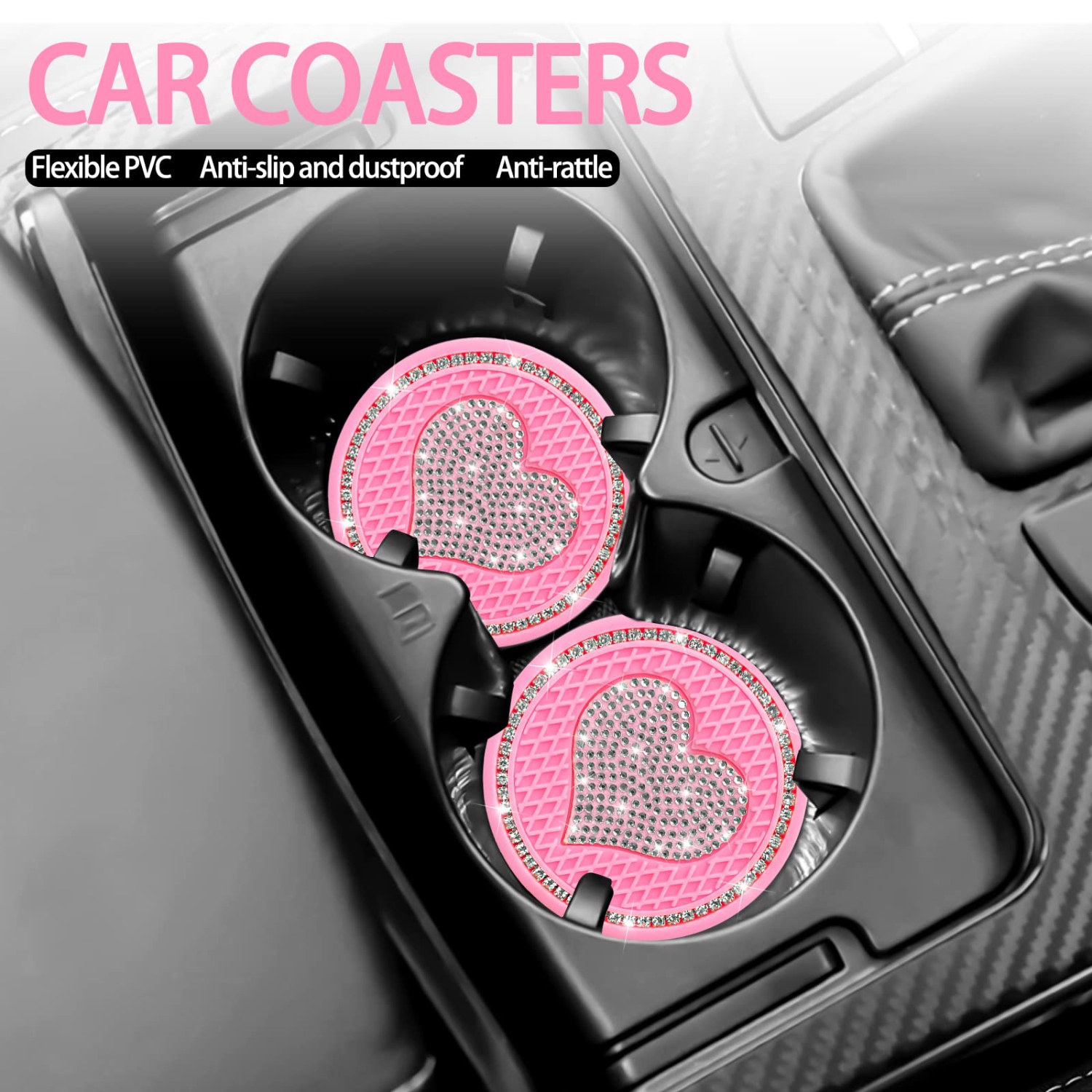 Car Cup Holder Coaster,2PCS Universal Heart Bling White Crystal Rhinestone Car Coasters & Push to Start Button Ring,Car Accessories for Women Car
