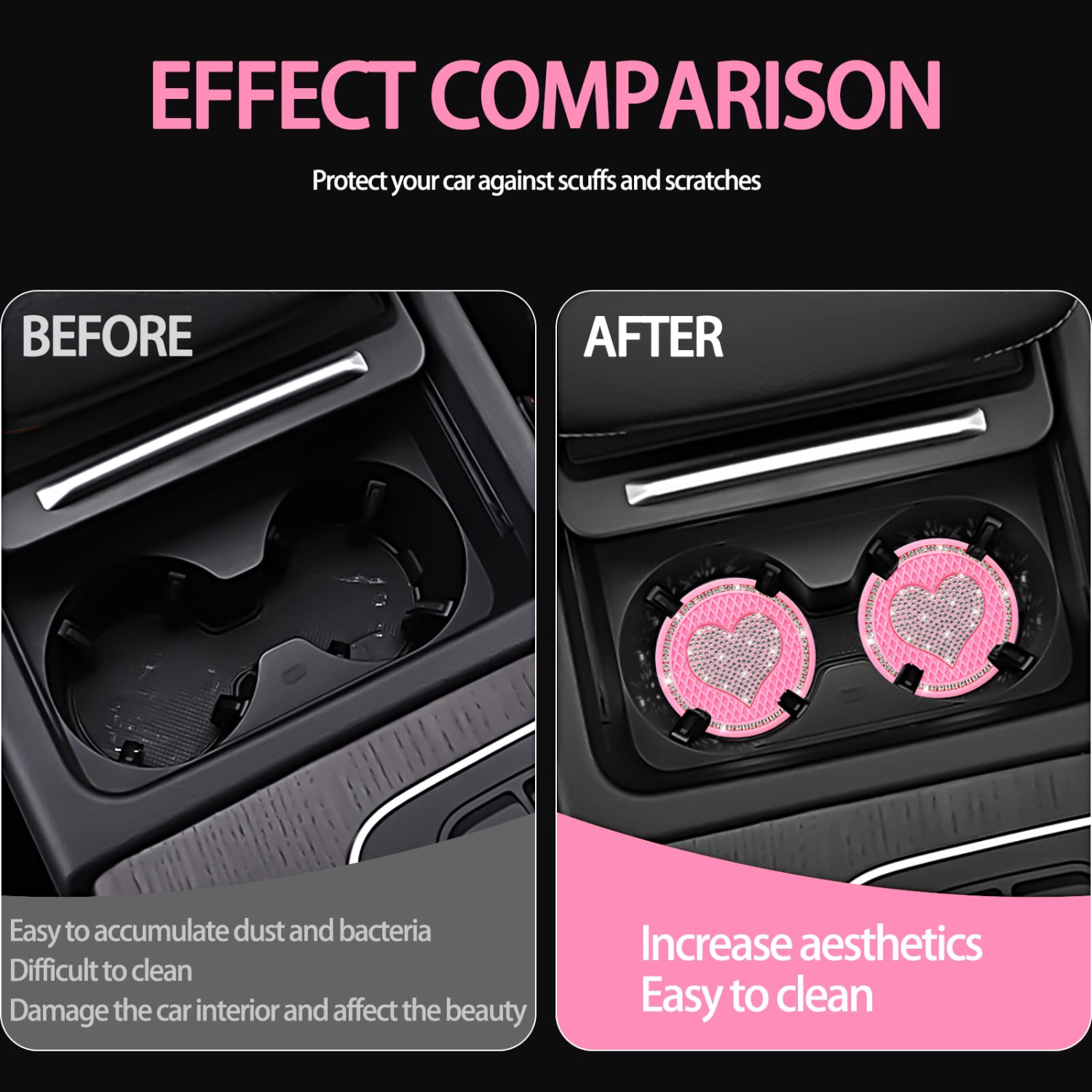 Car Cup Holder Coaster,2PCS Universal Heart Bling White Crystal Rhinestone Car Coasters & Push to Start Button Ring,Car Accessories for Women Car