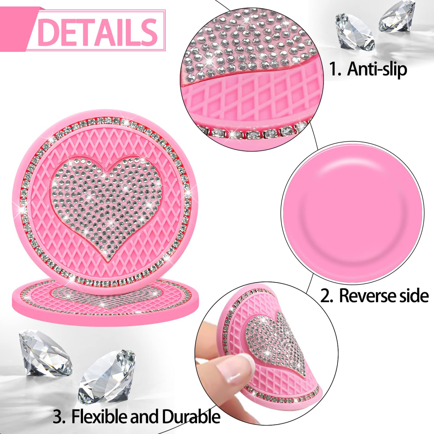 Car Cup Holder Coaster,2PCS Universal Heart Bling White Crystal Rhinestone Car Coasters & Push to Start Button Ring,Car Accessories for Women Car