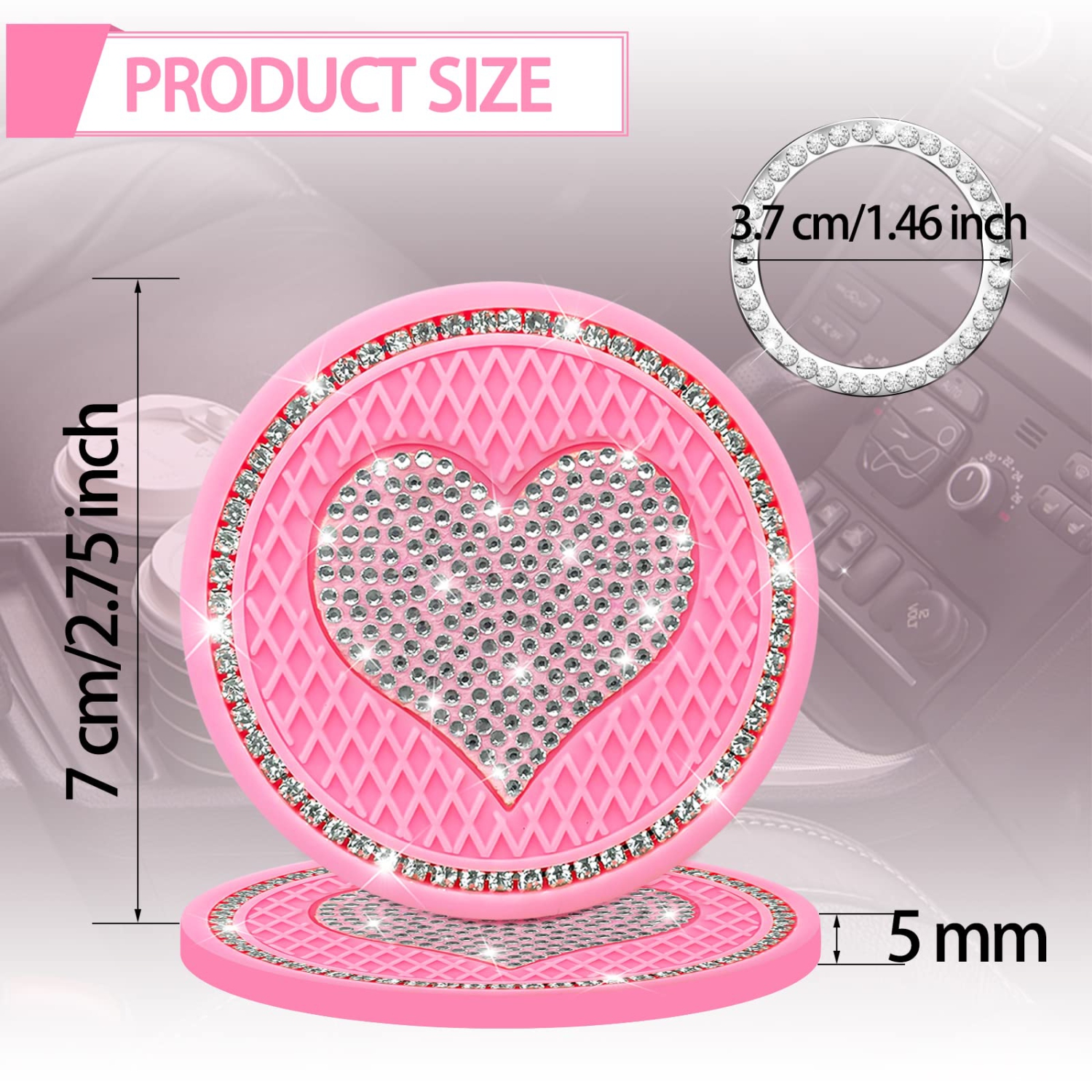 Car Cup Holder Coaster,2PCS Universal Heart Bling White Crystal Rhinestone Car Coasters & Push to Start Button Ring,Car Accessories for Women Car