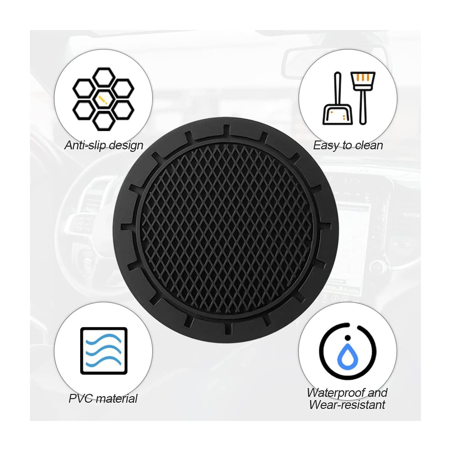 Sous-verres porte-gobelets pour l'auto, 4 sous-verres antidérapants en PVC durables, sous-verres universels de 2,75 po pour porte-gobelets, convient