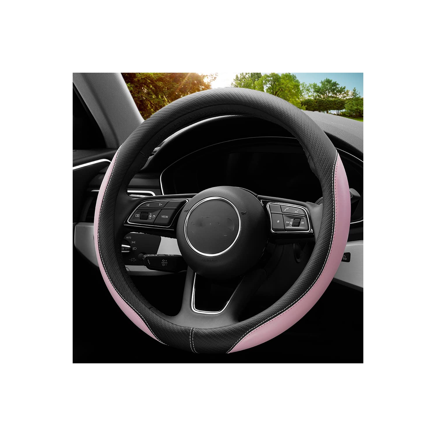 Soft Cute Light Pink Microfiber Leather Anti-Slip Steering Wheel Cover, Universal 15 Inch for Women Girls, Fit Vehicles, Sedans, SUVs, Vans, Trucks