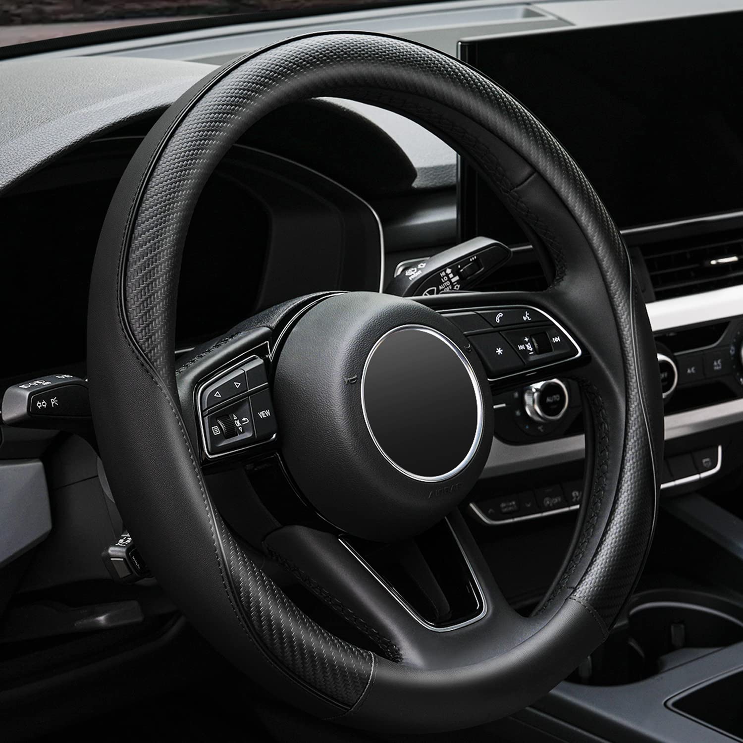 Soft Microfiber Leather Anti-Slip Car Steering Wheel Cover, Universal Fit 15 Inch, Fit Vehicles, Sedans, SUVS, Vans, Trucks - Black