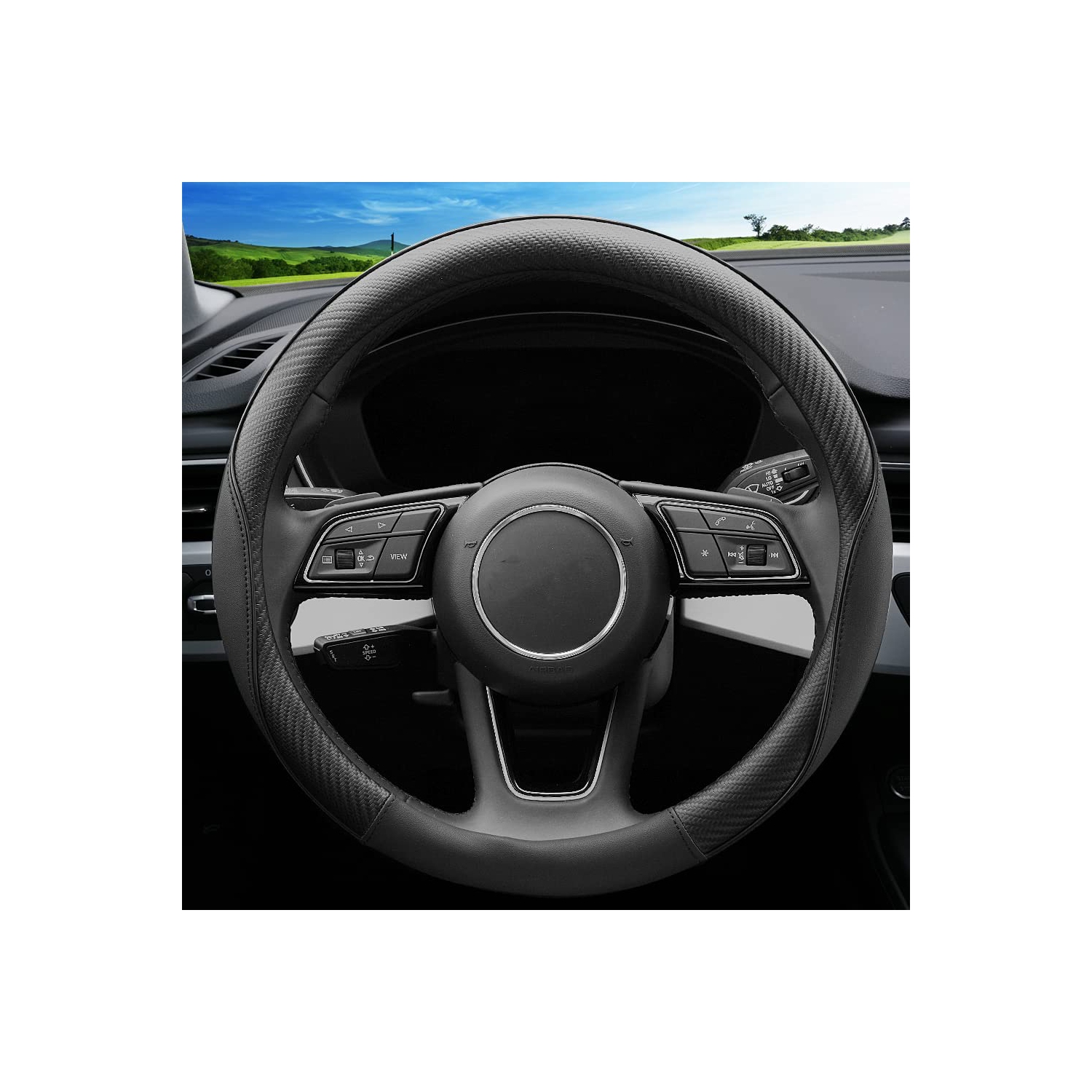 Soft Microfiber Leather Anti-Slip Car Steering Wheel Cover, Universal Fit 15 Inch, Fit Vehicles, Sedans, SUVS, Vans, Trucks - Black