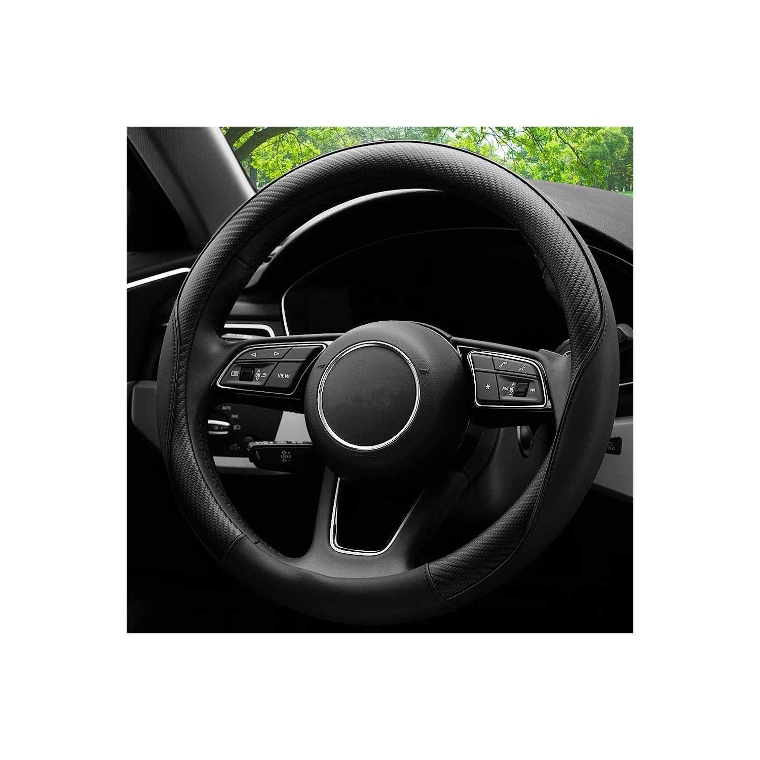 Soft Microfiber Leather Anti-Slip Car Steering Wheel Cover, Universal Fit 15 Inch, Fit Vehicles, Sedans, SUVS, Vans, Trucks - Black