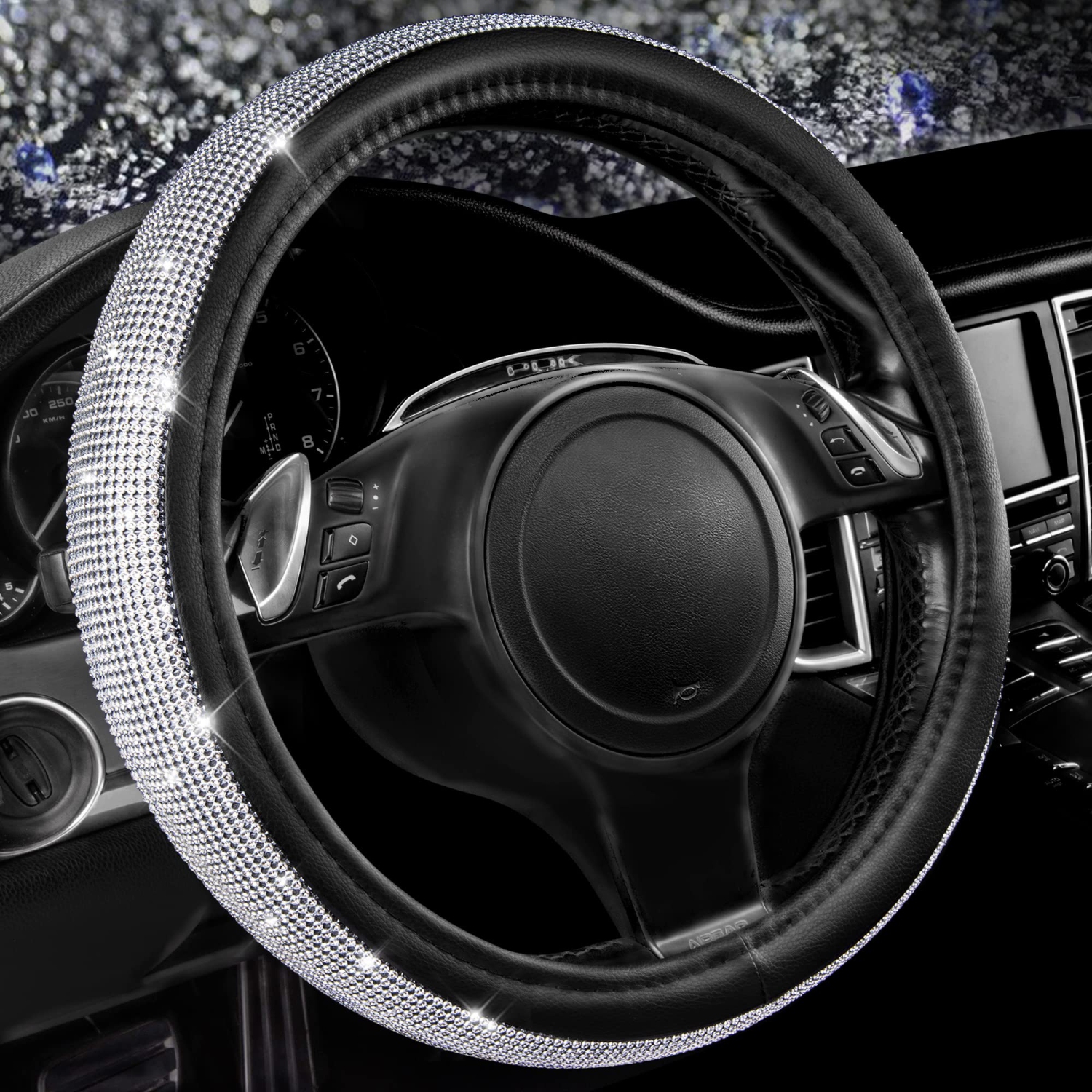 Diamond Black Leather Steering Wheel Cover, with Bling Crystal Rhinestones Universal Fit 14" 1/2-15" Crystal Glitter for Women Sparkle Girl Fit