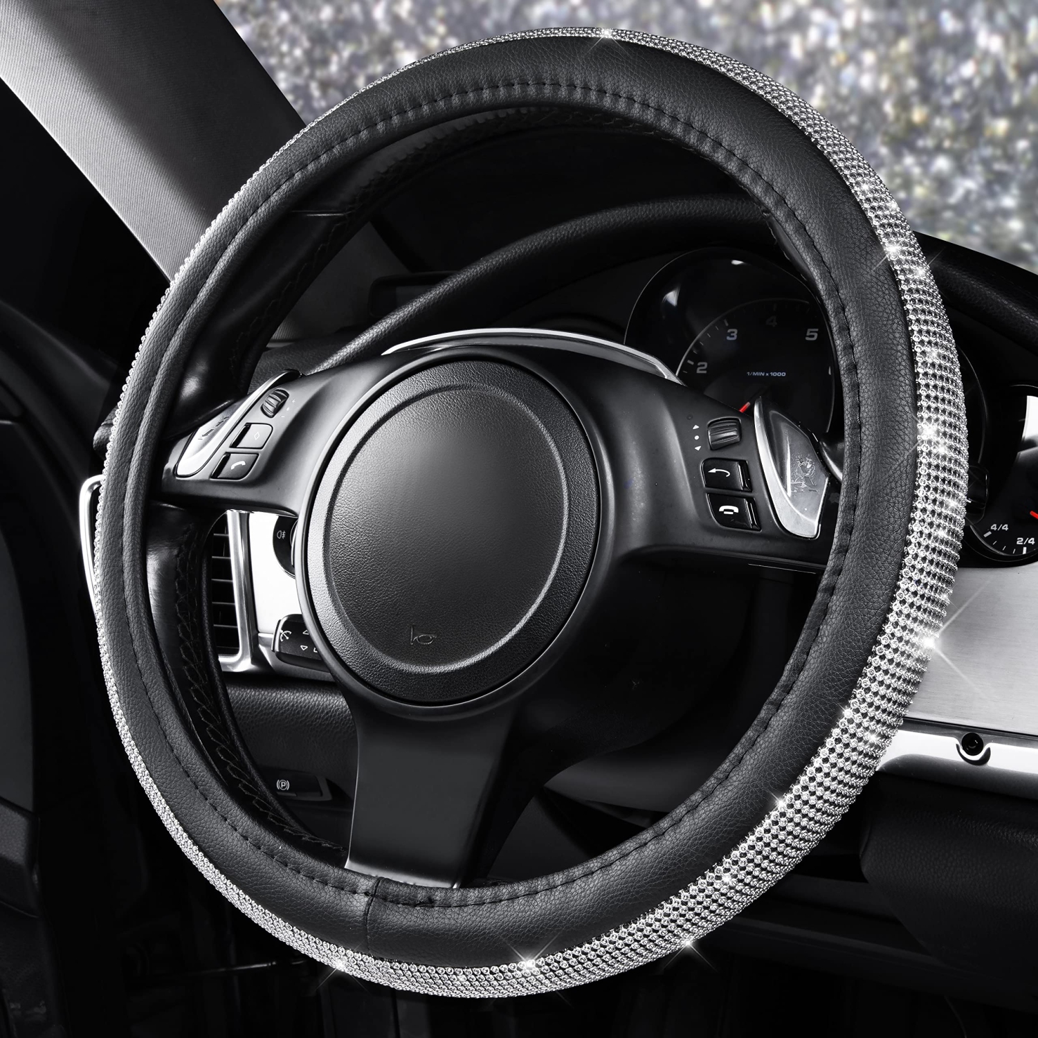 Diamond Black Leather Steering Wheel Cover, with Bling Crystal Rhinestones Universal Fit 14" 1/2-15" Crystal Glitter for Women Sparkle Girl Fit