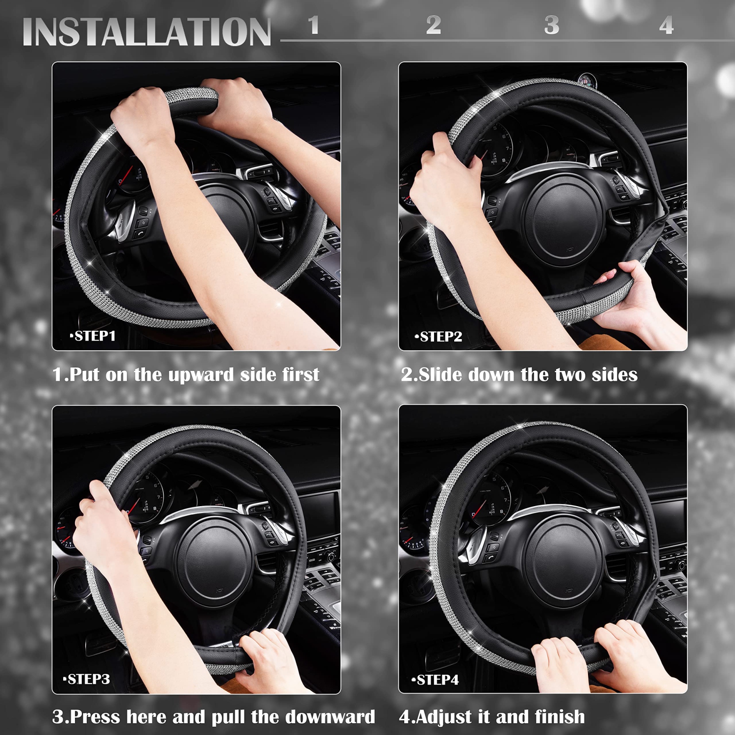 Diamond Black Leather Steering Wheel Cover, with Bling Crystal Rhinestones Universal Fit 14" 1/2-15" Crystal Glitter for Women Sparkle Girl Fit