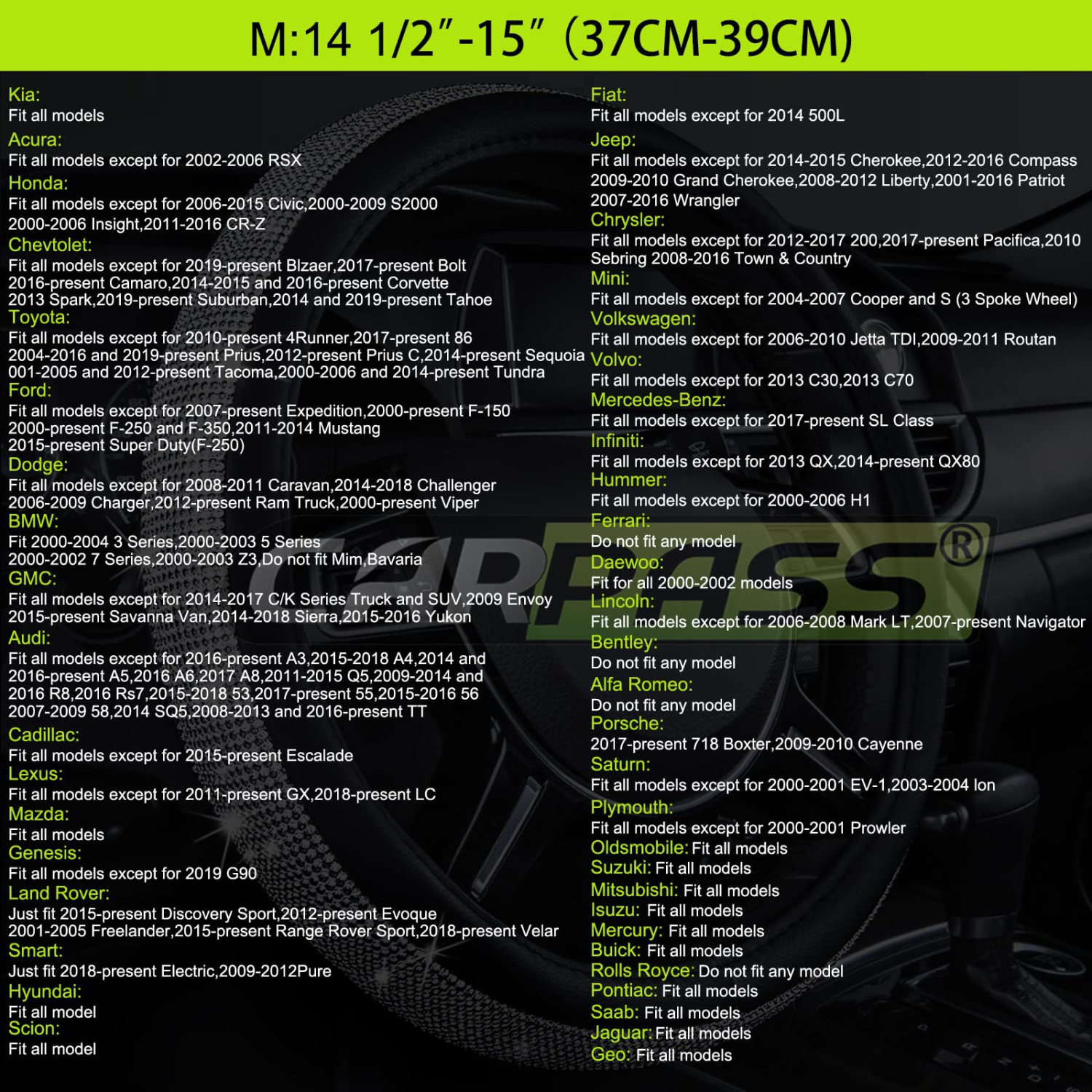 Diamond Black Leather Steering Wheel Cover, with Bling Crystal Rhinestones Universal Fit 14" 1/2-15" Crystal Glitter for Women Sparkle Girl Fit