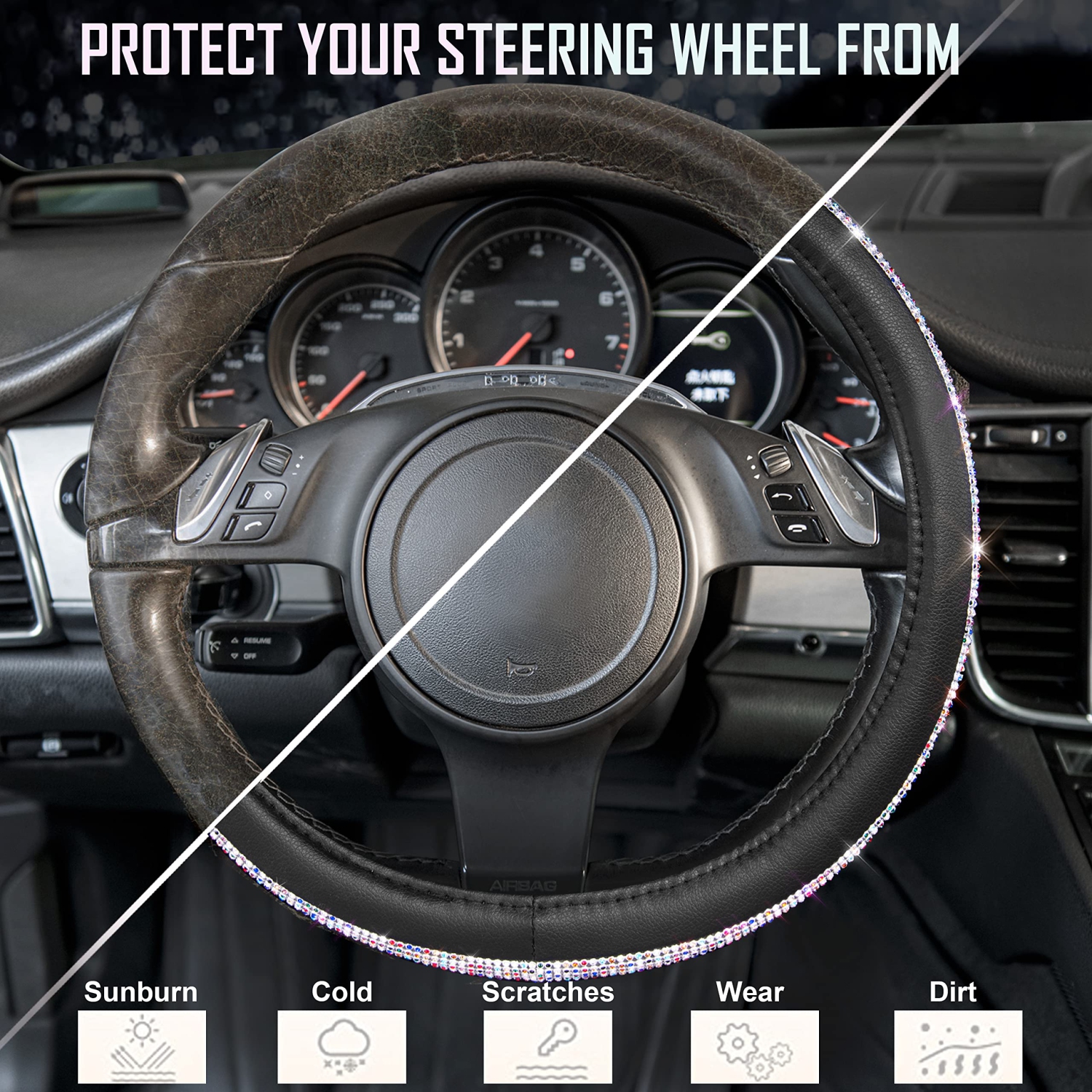 Gaine de volant en cuir noir diamant, avec pierres de Rhinestones cristal Bling Universal Fit 14 po 1/2-15" Crystal Glitter pour femmes Sparkle Girl