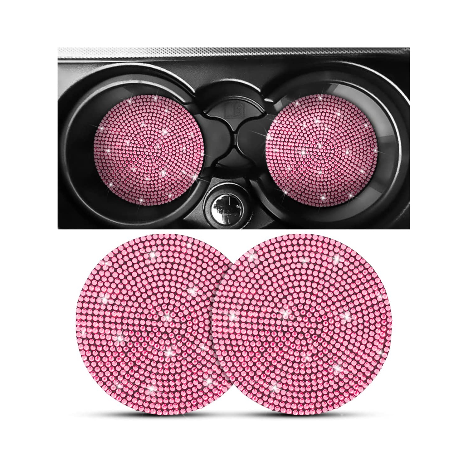 2PCS Bling Car Cup Holder Coaster, Handcrafted Rhinestone Crystal Cup Holder Coaster Anti-Slip Universal for Cars, SUVs, Home, Office, Car Interior