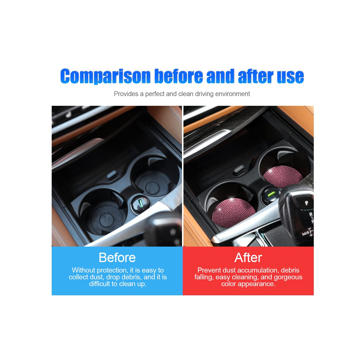 2PCS Bling Car Cup Holder Coaster, Handcrafted Rhinestone Crystal Cup Holder Coaster Anti-Slip Universal for Cars, SUVs, Home, Office, Car Interior