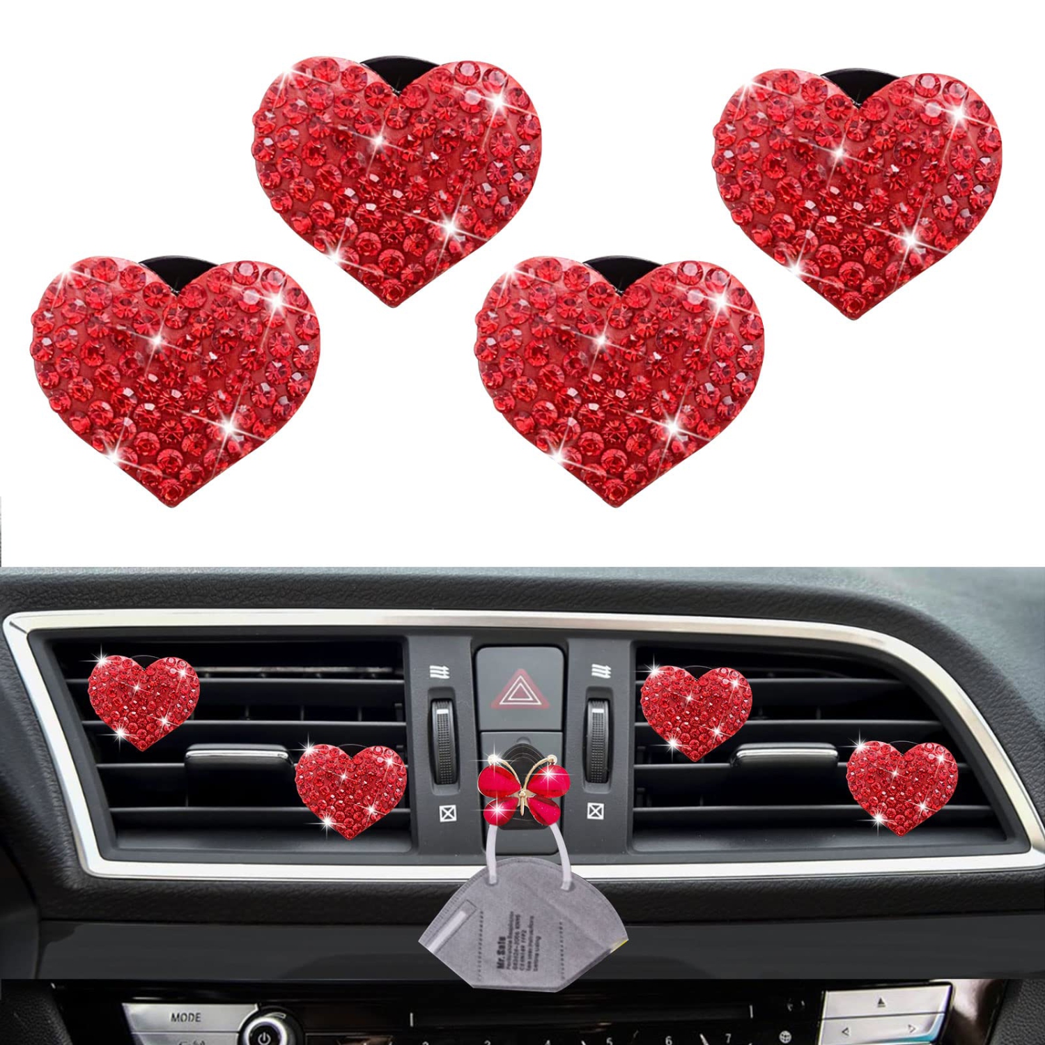 5 Pcs Bling Red Lips Air Vent Clips, Heart Shape Crystal Car Air Vent Clip Charms Car Air Fresheners for Women Rhinestone Diffuser Vent Clip Cute Car