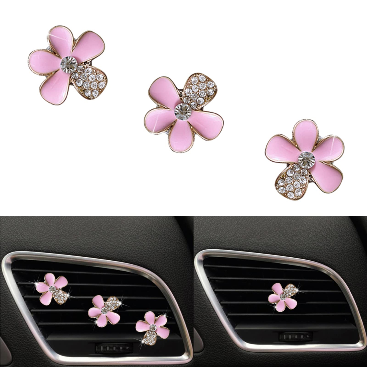 3 Pieces Car Air Vent Clip Crystal Flowers Car Interior Decoration Car Freshener Clip Car Trim Pink Color Cute Bling Car Charm Air Freshener not